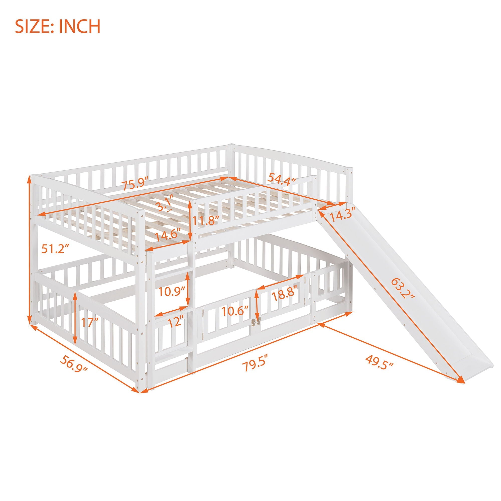 Low Bunk Bed With Slide, Fence And Ladder