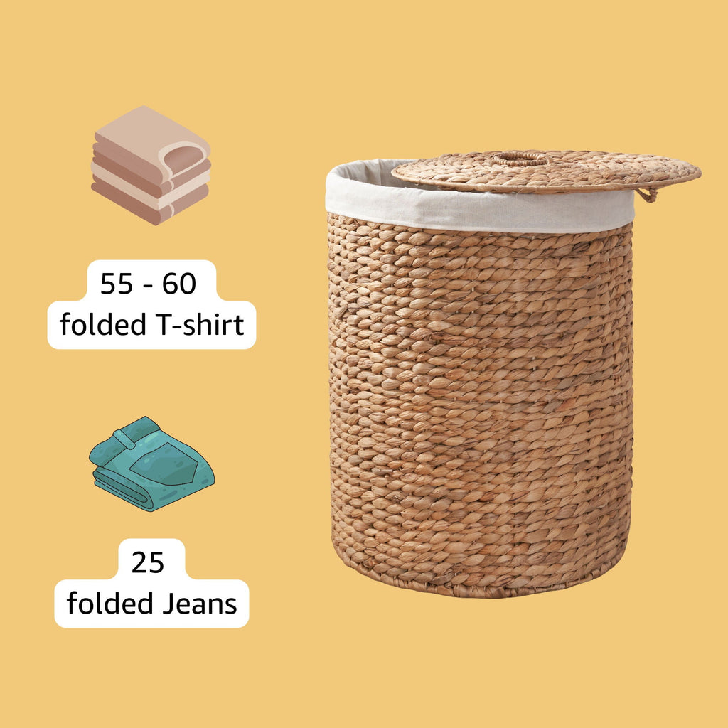 Round Tall Water Hyacinth Woven Wicker Laundry Hamper With Lid - For Clothes, Toys And Book Storage With Removable Liner - 15" X 15" X 20" - Natural Brown