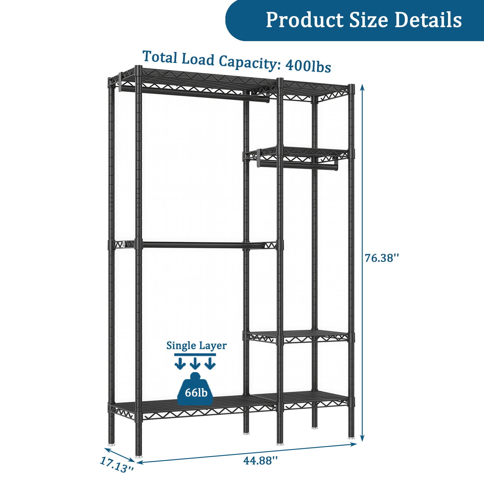 Freestanding Clothes Rack With 6 Adjustable Wire Shelves And 3 Garment Rails - Black