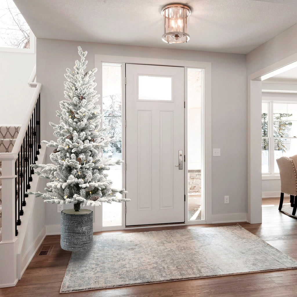 4.5FT Flocked Christmas Tree with Pot Base and LED Lights