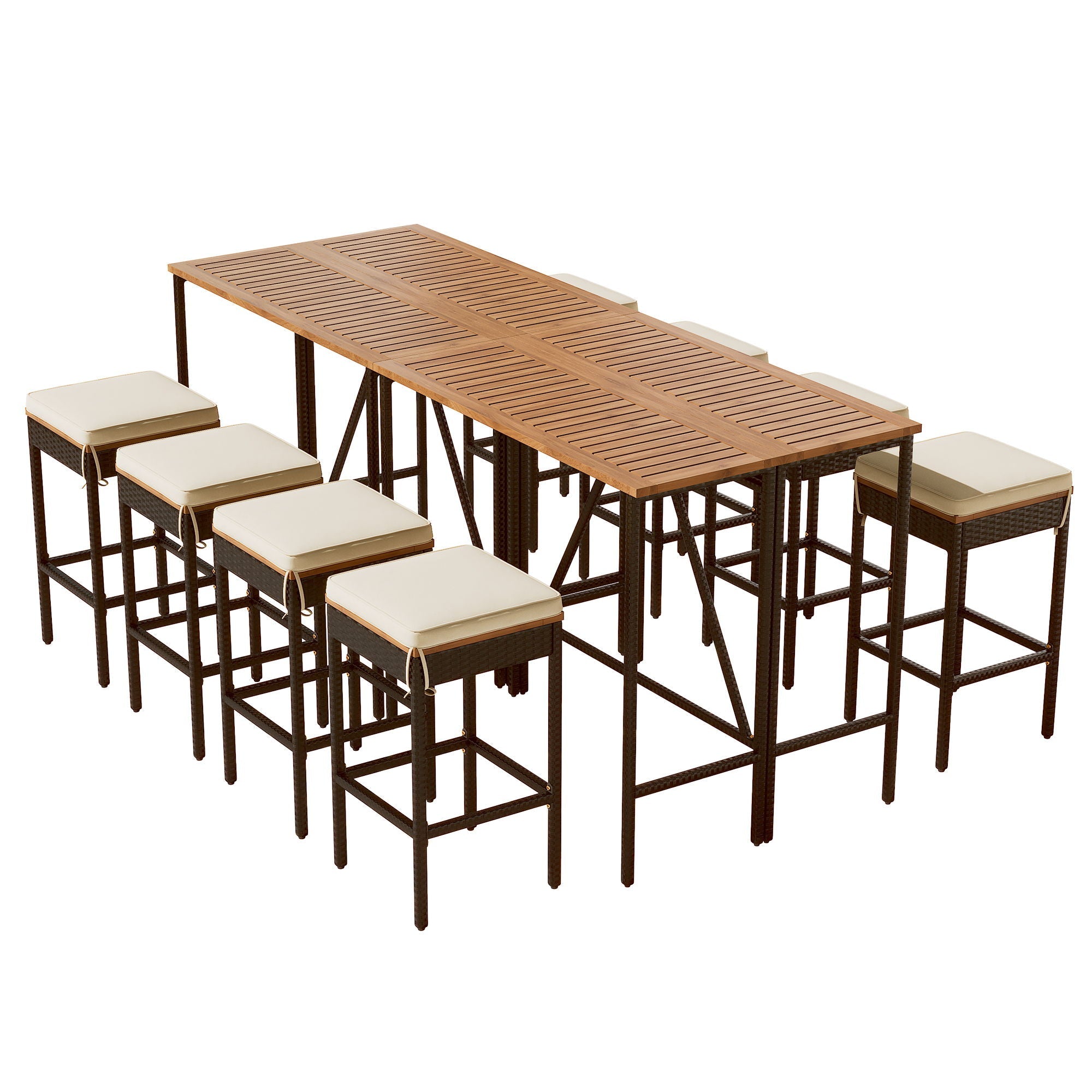 Outdoor Acacia Wood Bar Height Table and Eight Stools with Cushions