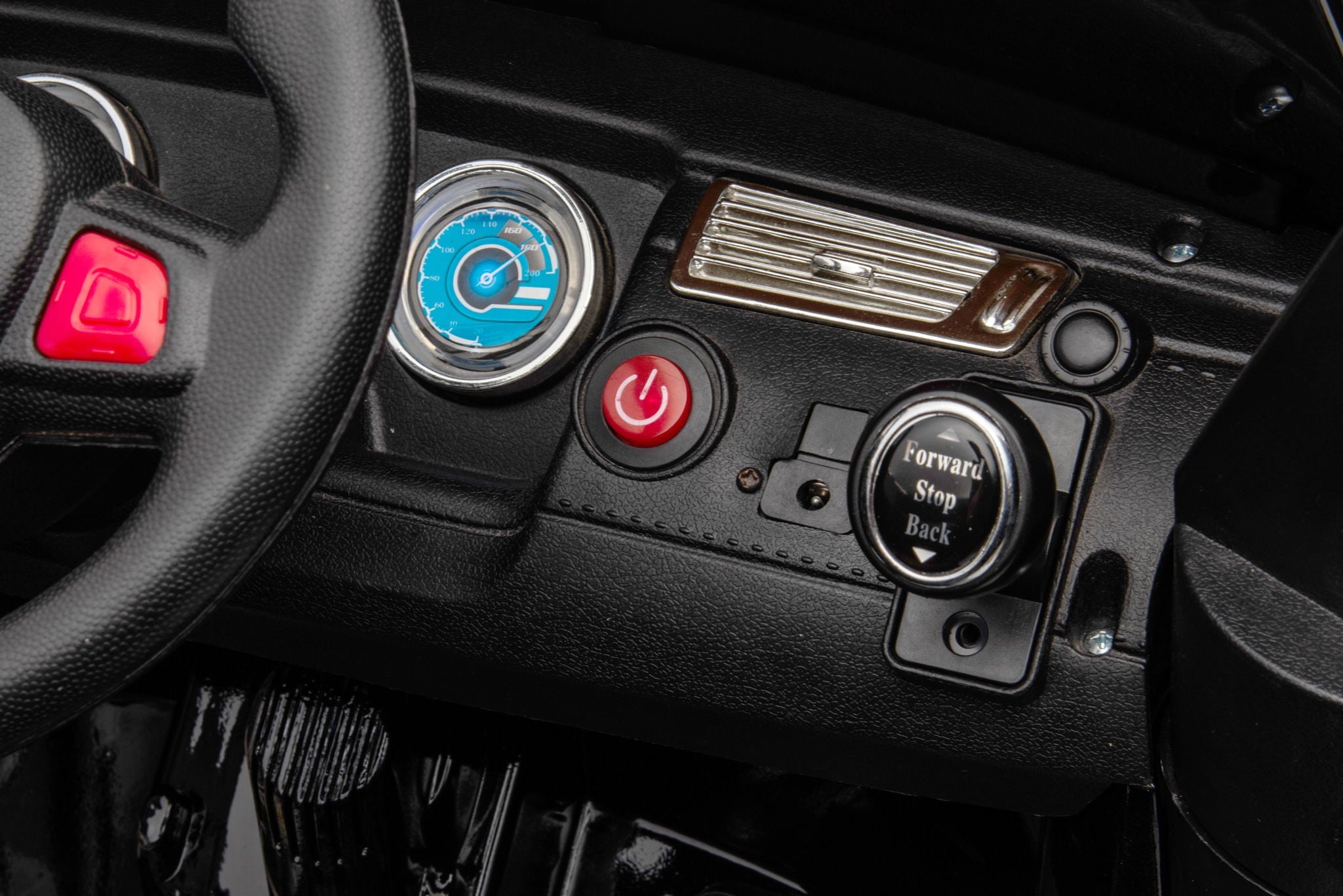 12V7A 30W*2 Four-Wheel Drive Seat One Button Start, Forward And Backward, High And Low Speed, Music, Front Light, Power Display, Two Doors Can Open, 2.4G R / C, Seat Belt Four Wheel Absorber