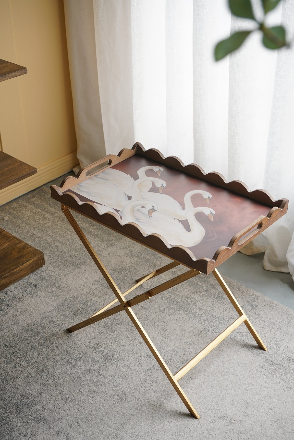 23.5x15.5x24 Brown MDF Tray Table with White Swan Motif and Iron Base