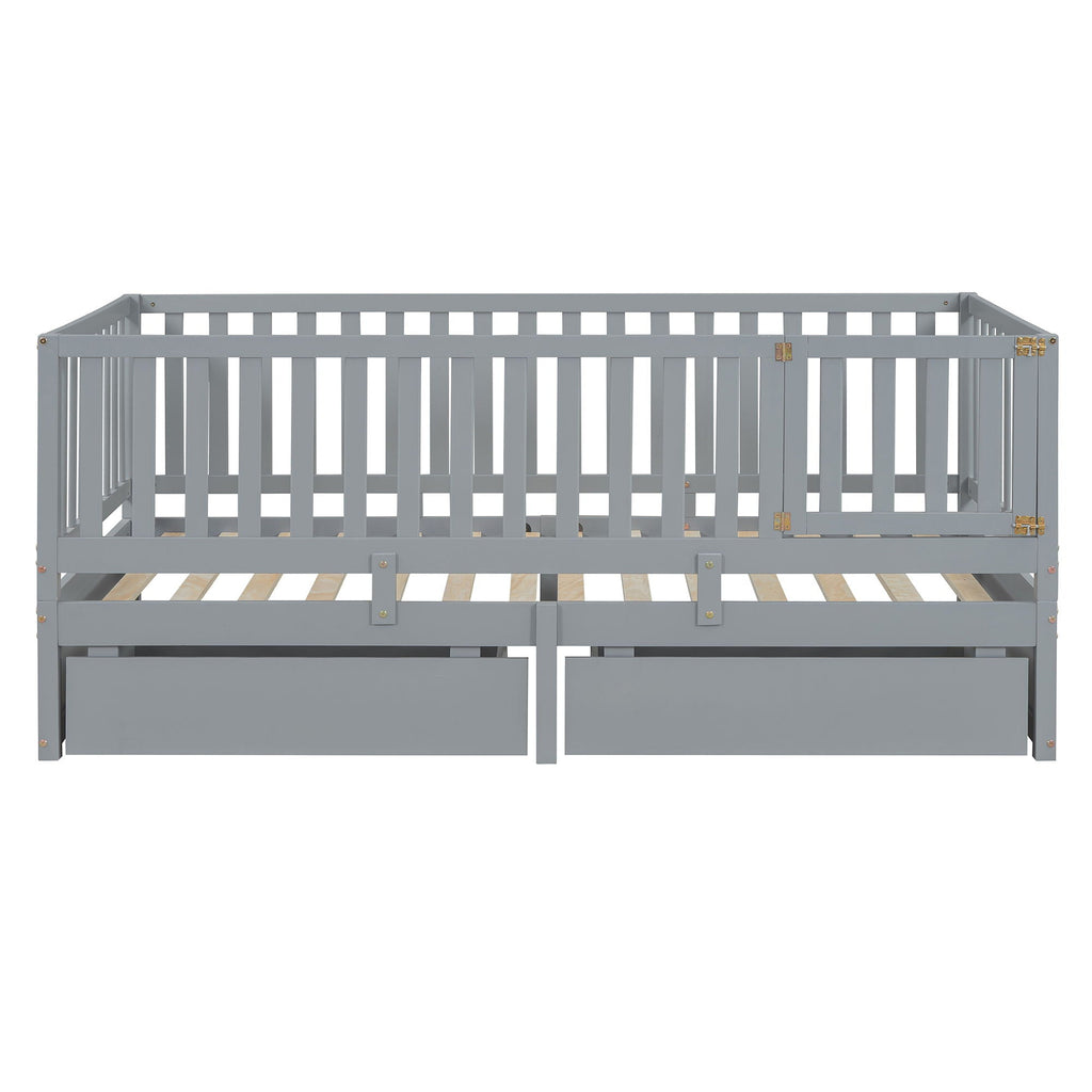 Daybed With Fence Guardrails And 2 Drawers, Split Into Independent Floor Bed & Daybed