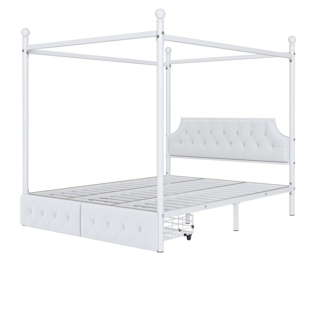 Queen Size Canopy Platform Bed With Upholstered Headboard And 2 Storage Drawers - White