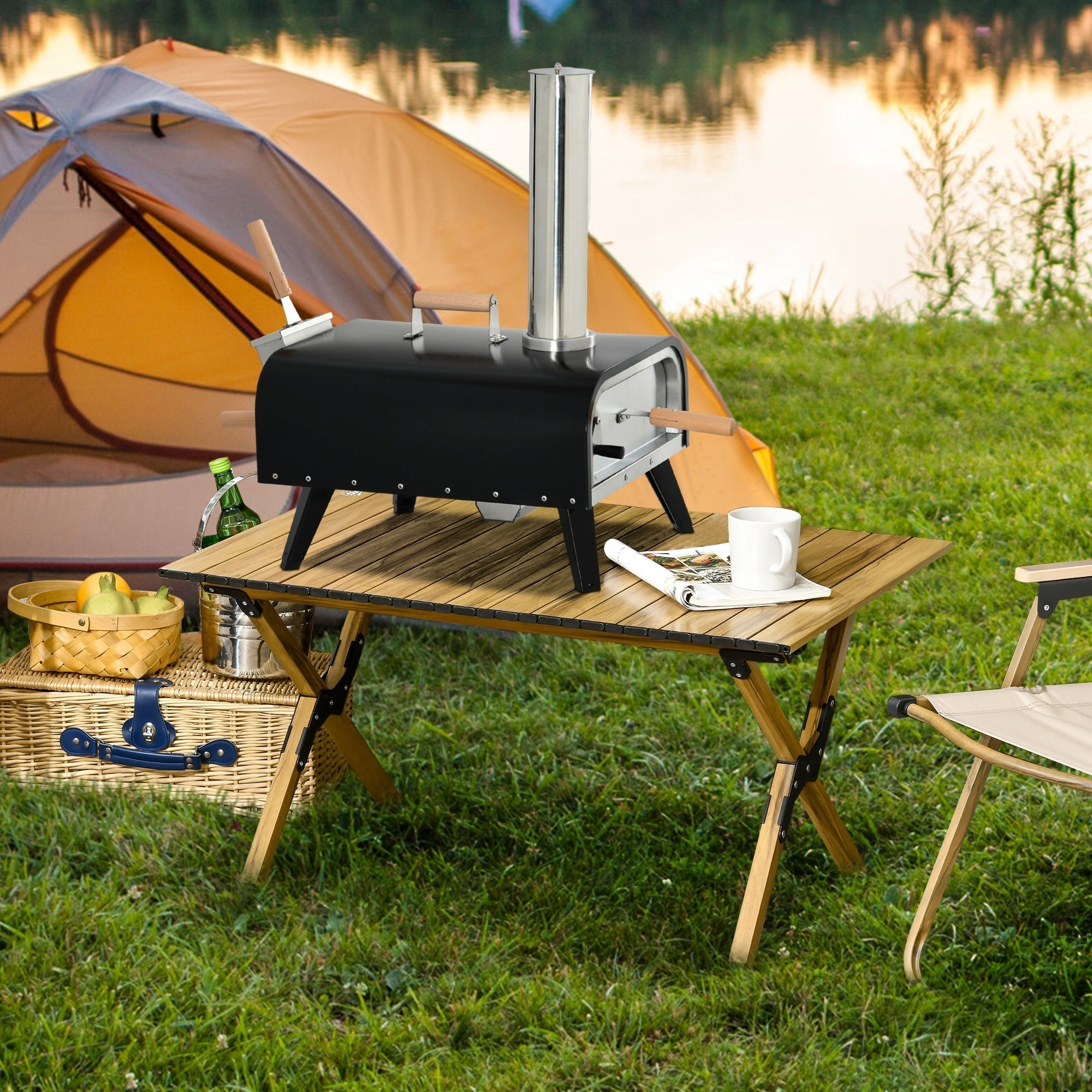 Outsunny Outdoor Pizza Oven with 12" Rotating Stone and Foldable Legs