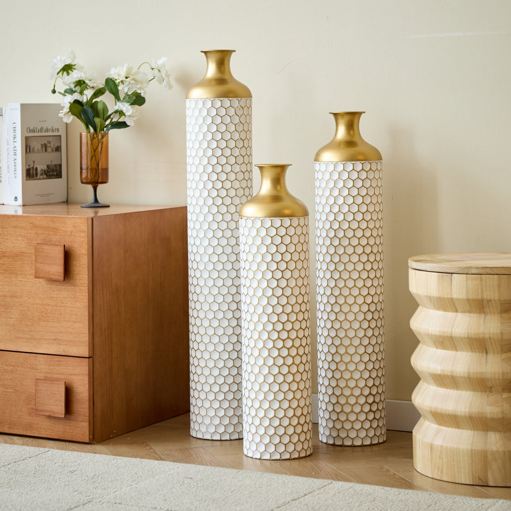 3-Piece Modern Metal Vase Set - White & Gold