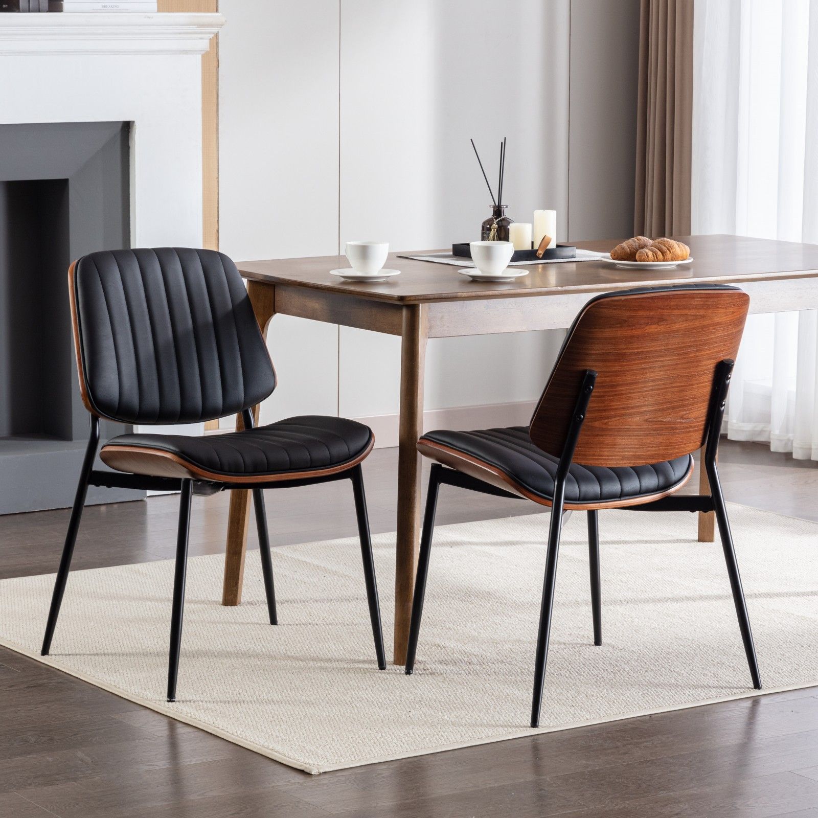 Dining Chairs (Set of 2) Mid-Century Modern Retro Chair With Walnut Bentwood Back Upholstered Seat Metal Legs Adjustable Foot For Kitchen Dining Room Chairs