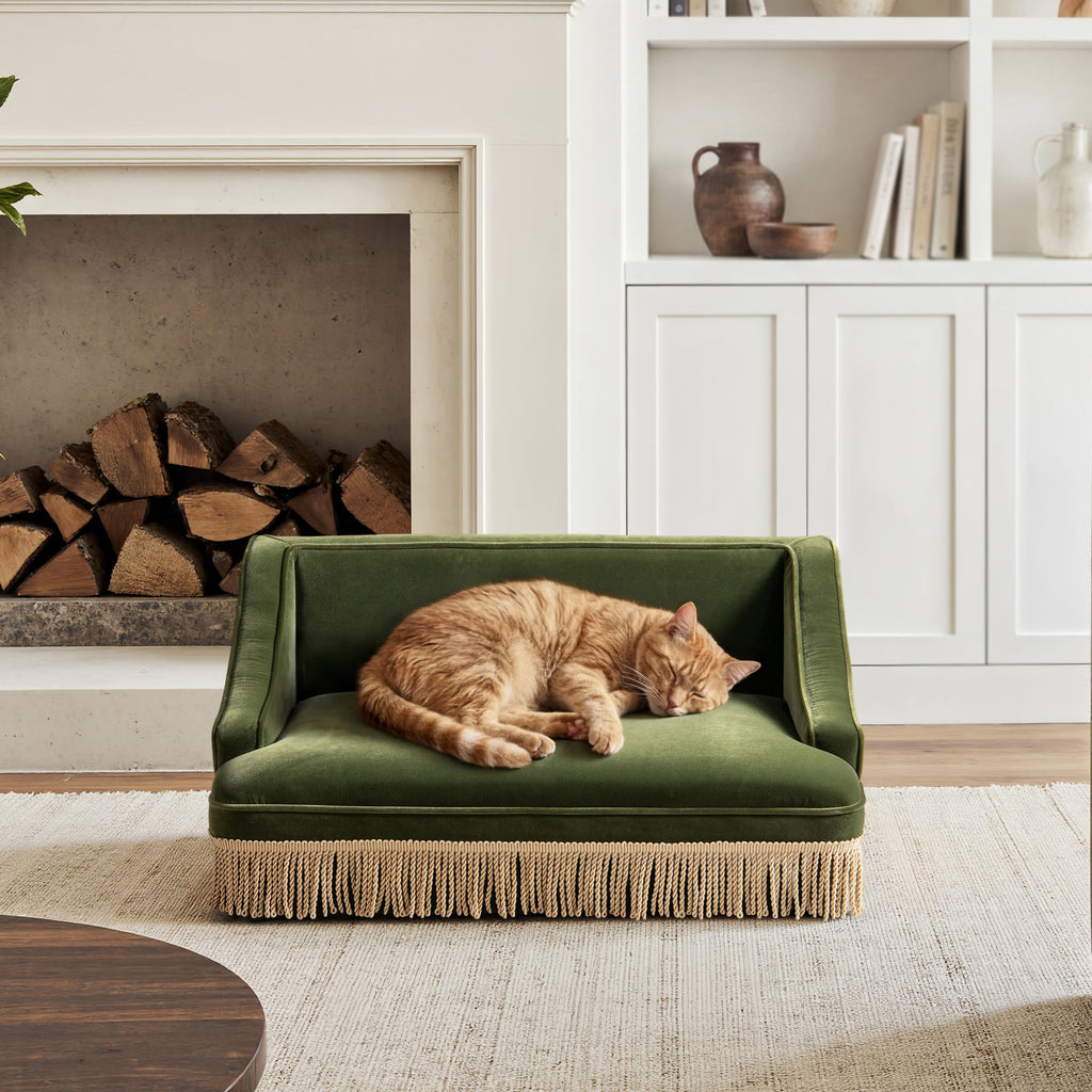 Duchess 33' Medium Princess Pet Bed Sofa with Fringe Skirt, Olive Green Velvet