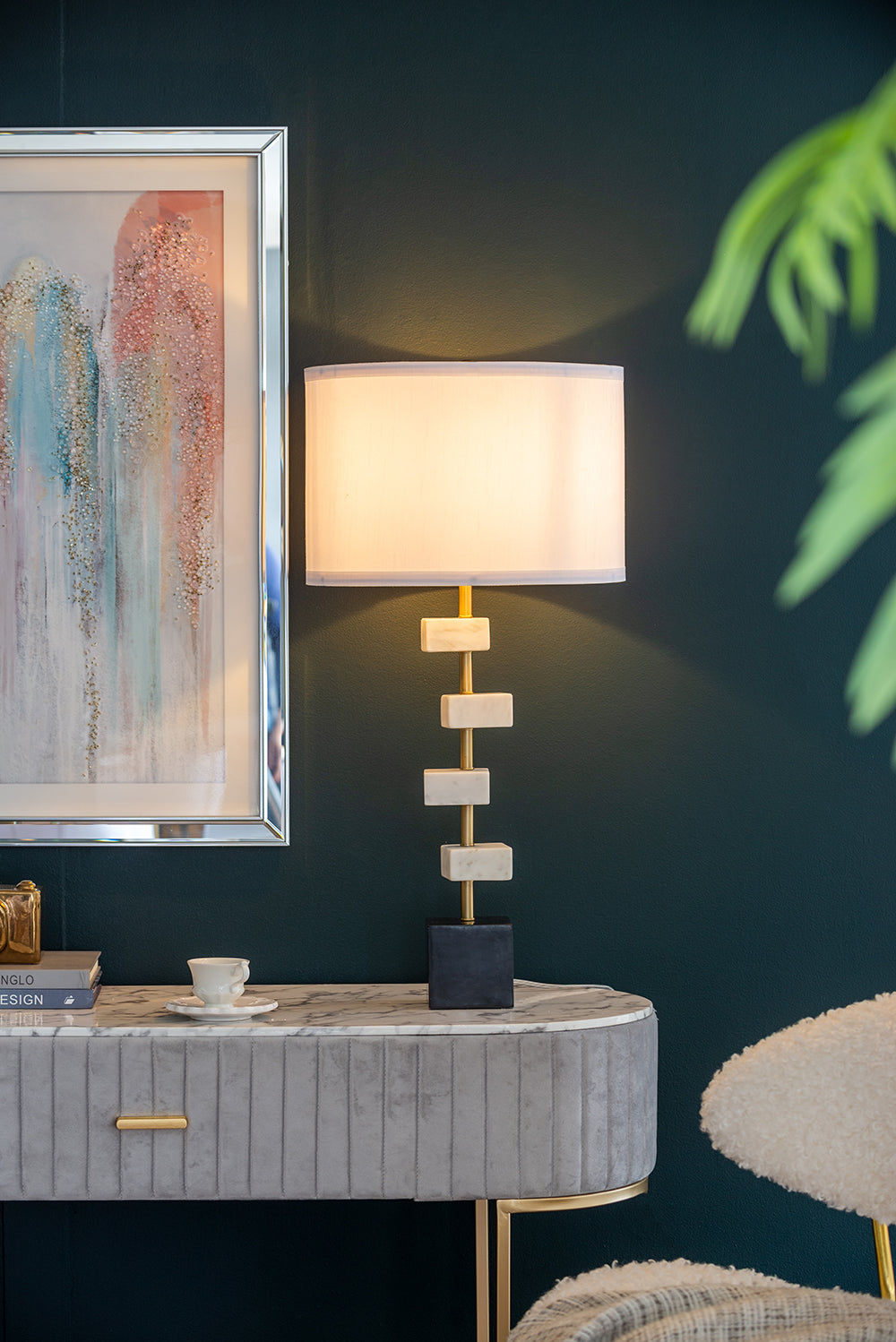 D15x30' Table Lamp with White Marble and Brass Frame