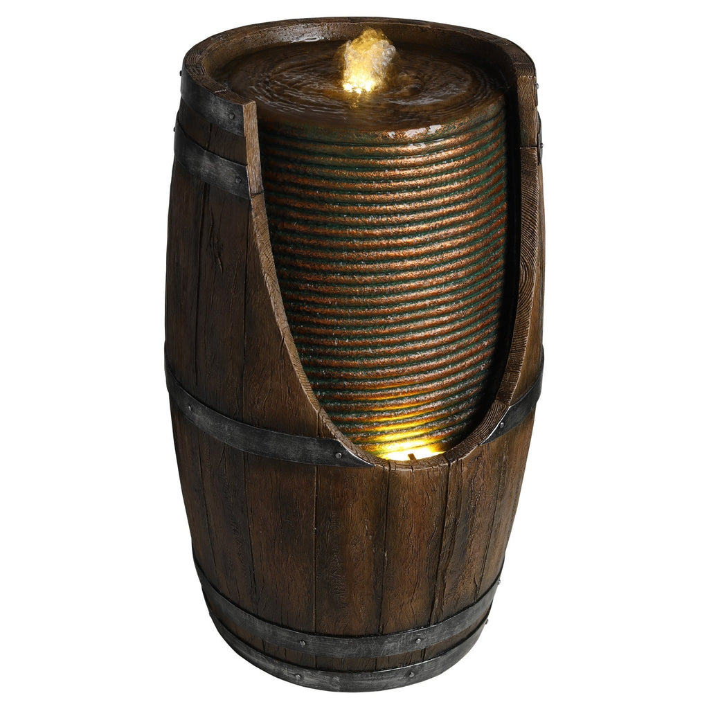 Outdoor Barrel Water Fountain with Rustic Wood Look Resin