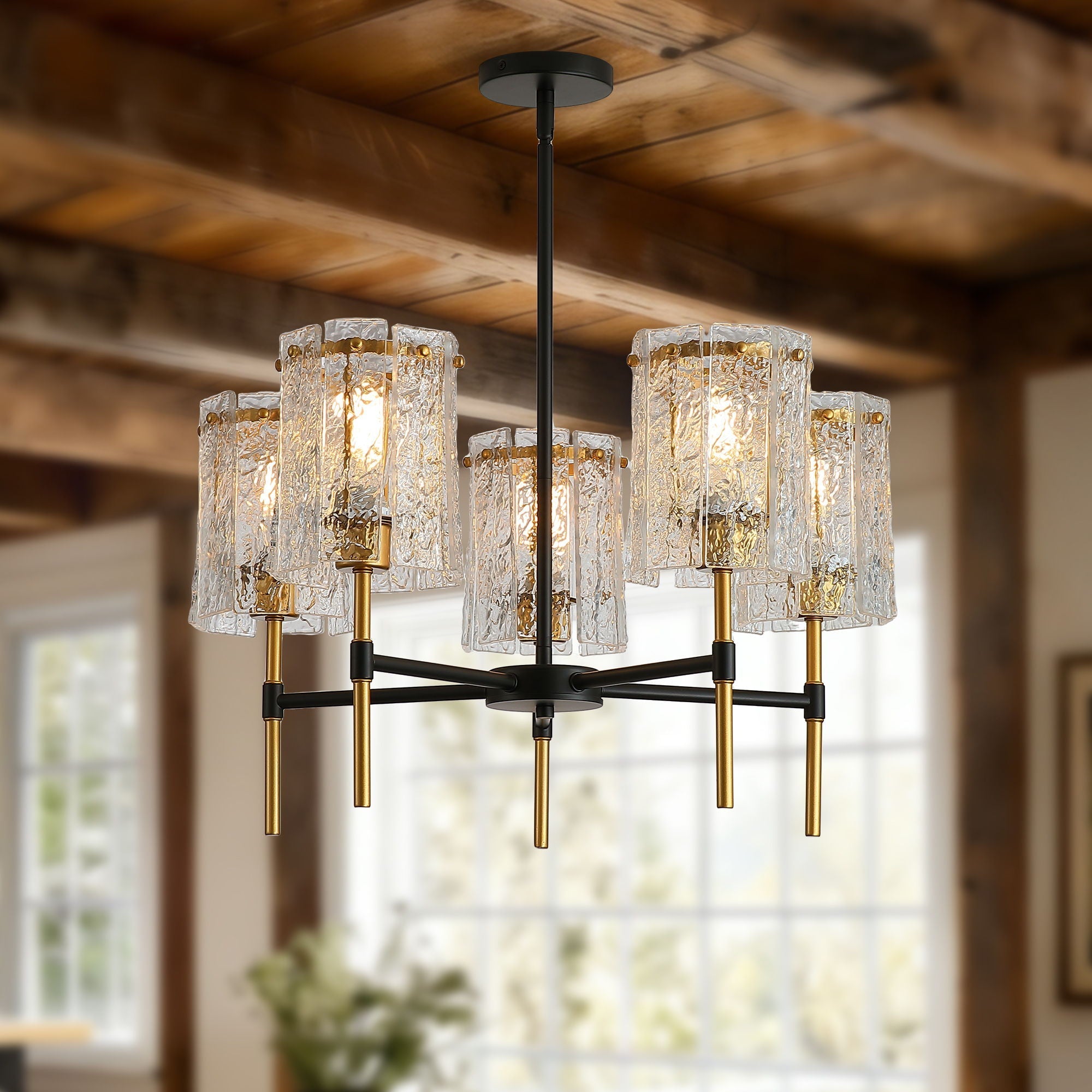 5 Light Chandelier, Textured Glass Pendant Light, (Not Including The Bulb) For Living Room - Black / Gold