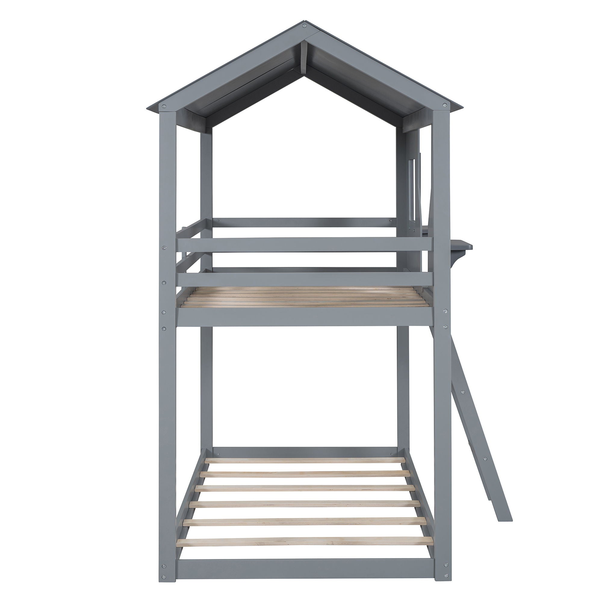 Twin Over Twin Bunk Bed With Roof, Window, Guardrail, Ladder