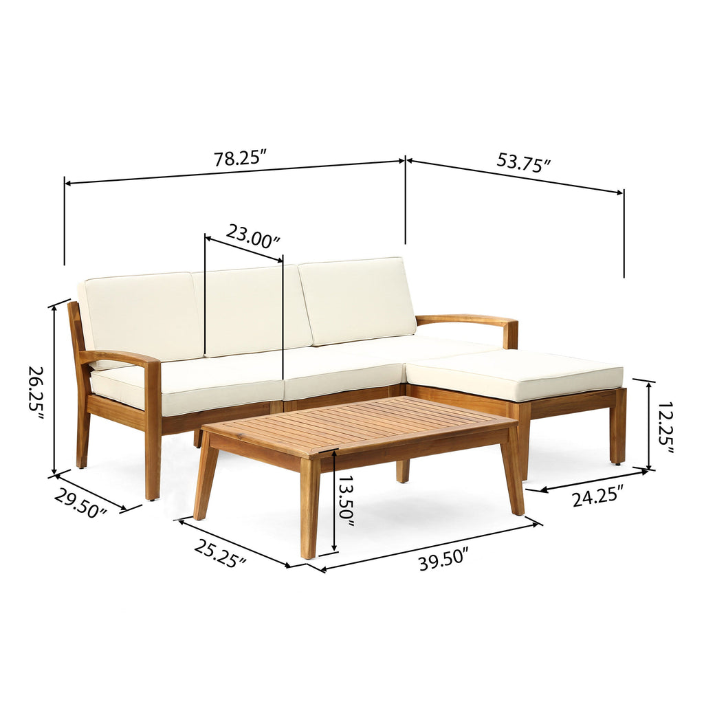 Outdoor L Shape 3pcs Acacia Wood Patio Sofa Set