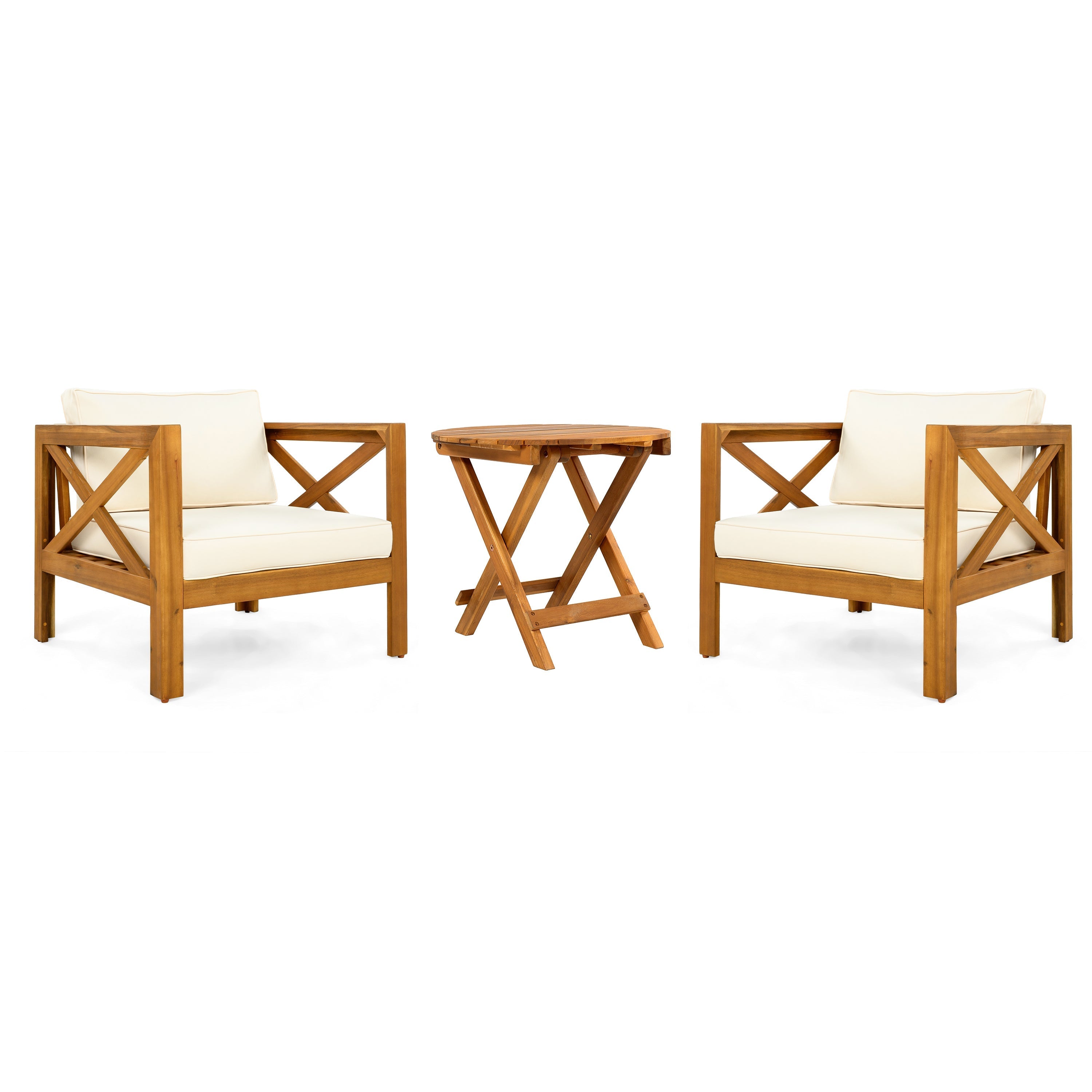 Patio Conversation Set with Foldable Acacia Wood Side Table and Cushions