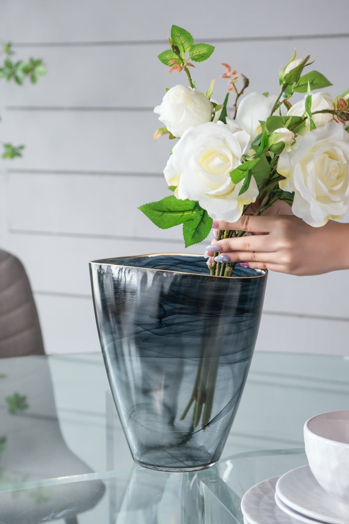 9.3x4.7x9.3' Smokey Black Glass Vase with Gold Rim