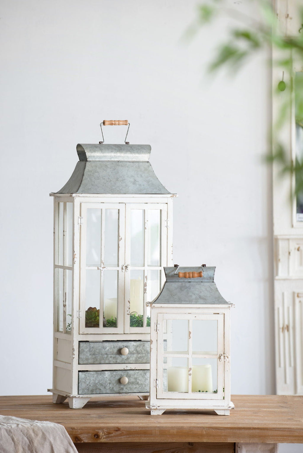 Wooden Candle Lantern Decorative, Hurricane Lantern Holder Decor For Indoor Outdoor, Home Garden Wedding - Ivory