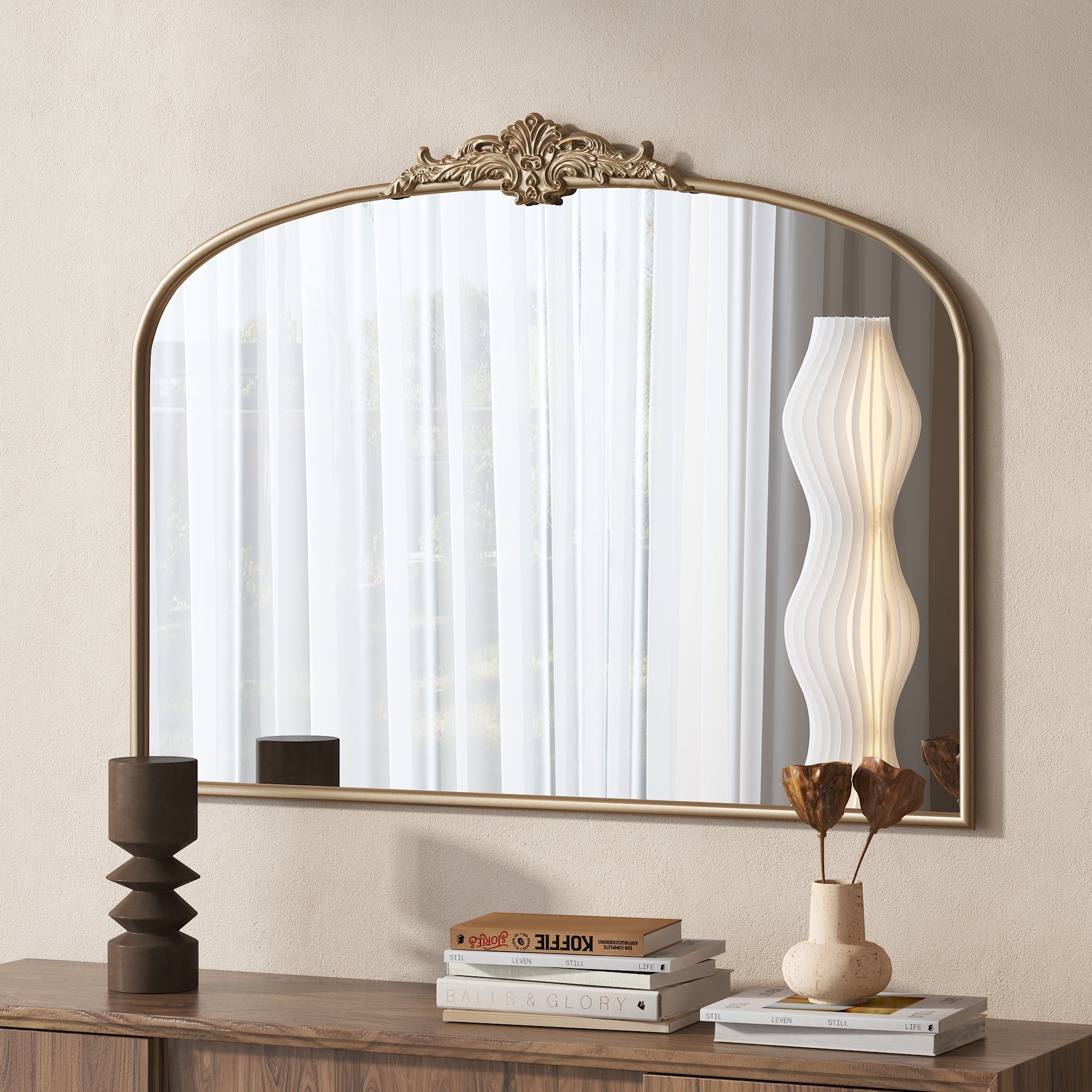 Vintage Arched Gold Mirror: 40'x30' Antique Brass Frame