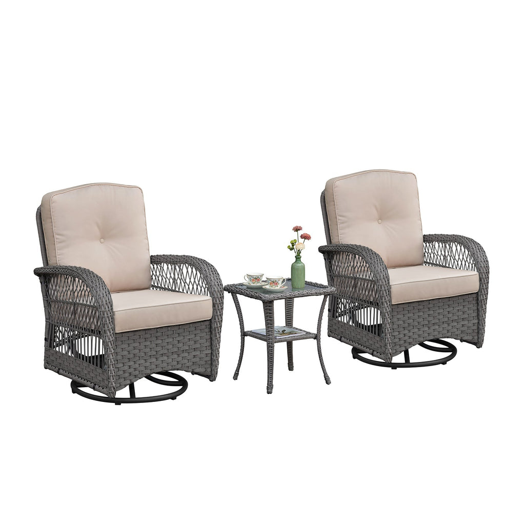 3 Pieces Conversation Set, Outdoor Wicker Rocker Swivel Patio Bistro Set, Rocking Chair with Glass Top Side Table, Grey
