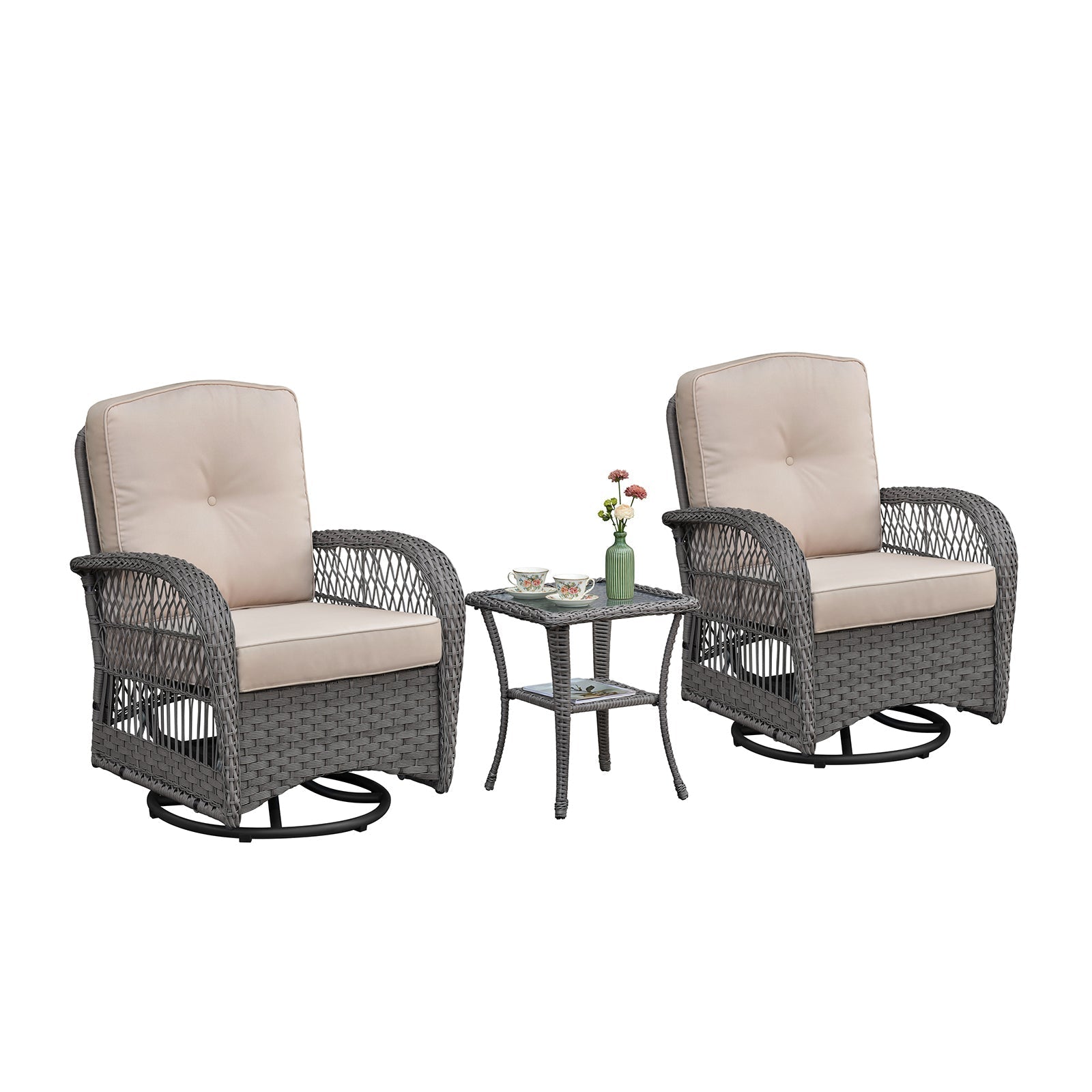 3 Pieces Conversation Set, Outdoor Wicker Rocker Swivel Patio Bistro Set, Rocking Chair with Glass Top Side Table, Grey