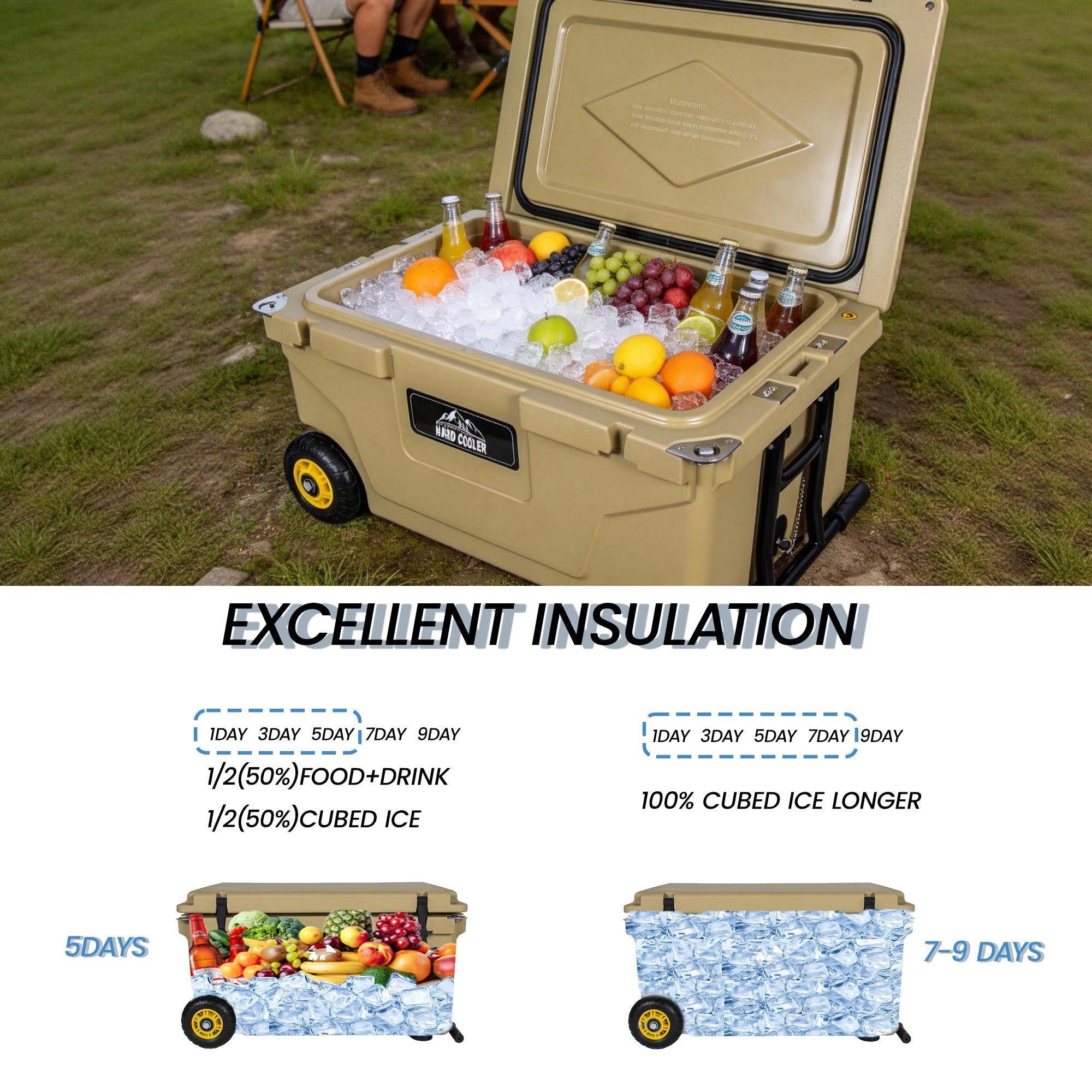65 Quart Khaki Cooler, Ultra-Tough Hard Shell Ice Chest