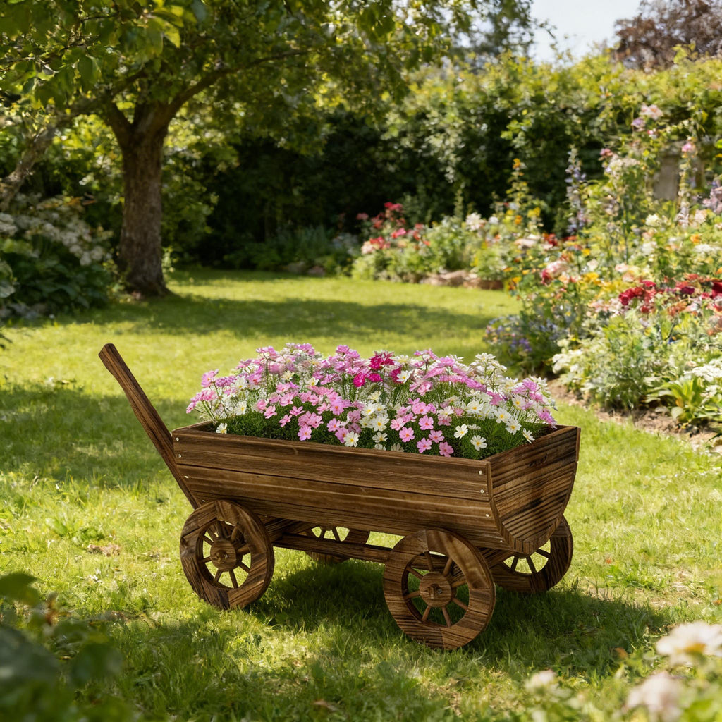 Small Wheelbarrow Wagon Flower Cart Wooden Mobile Garden Planter