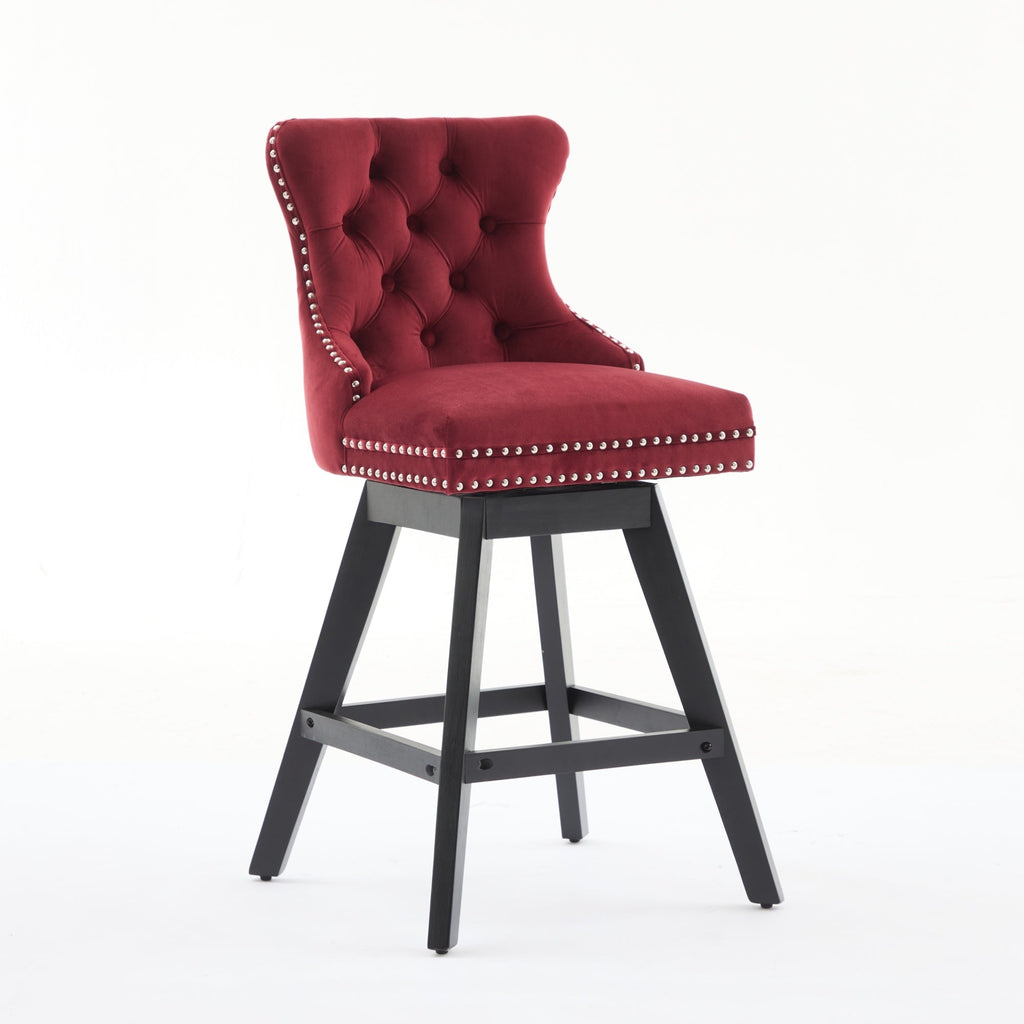 Swivel Velvet Barstools with Button Tufted Decoration - Set of 2 (Wine Red)