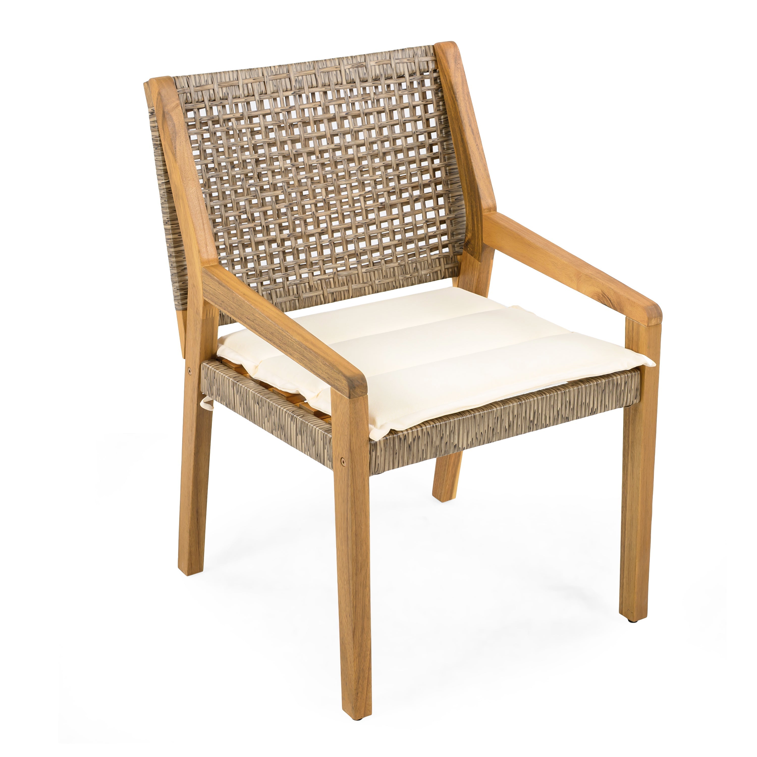 Outdoor Dining Chair Set of 4 - Acacia Wood and Wicker with Cream Cushion