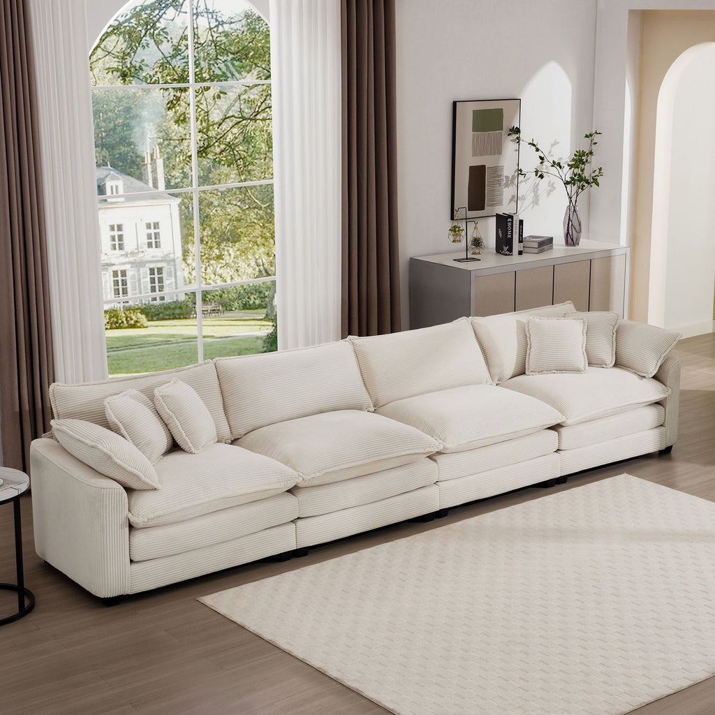 Modern Upholstered 4 Seater Fabric Sofa With Arm And Throw Pillows