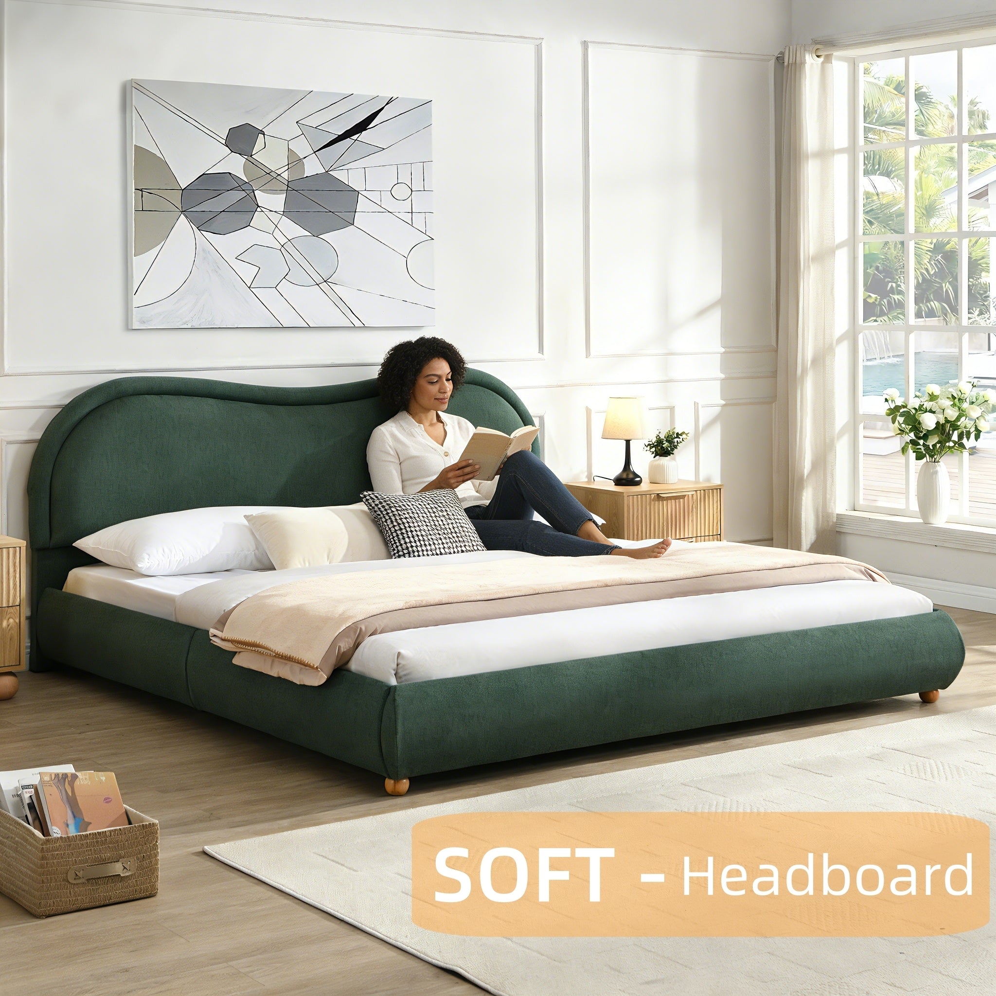 King Size Upholstered Platform Bed Frame with Rounded Corners