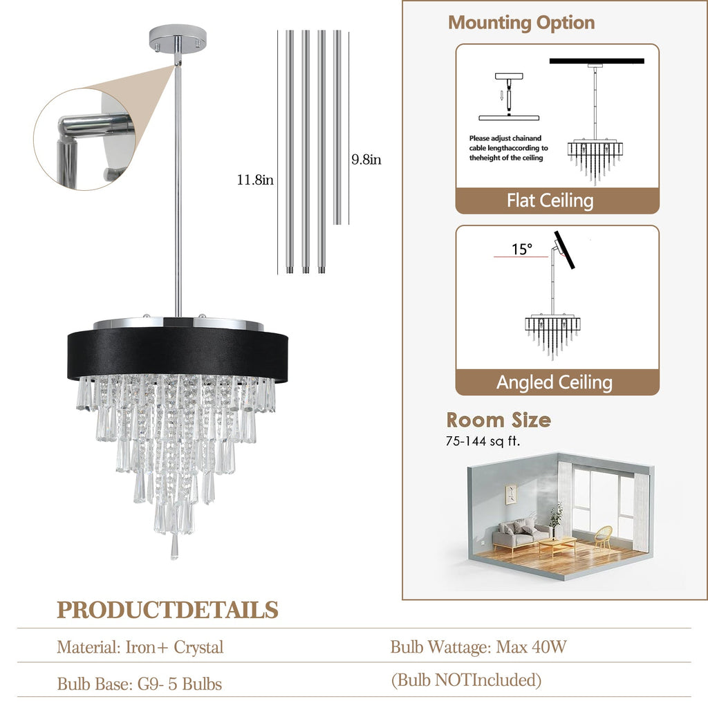 18-inch Modern Crystal Chandelier with Black Velvet Shade