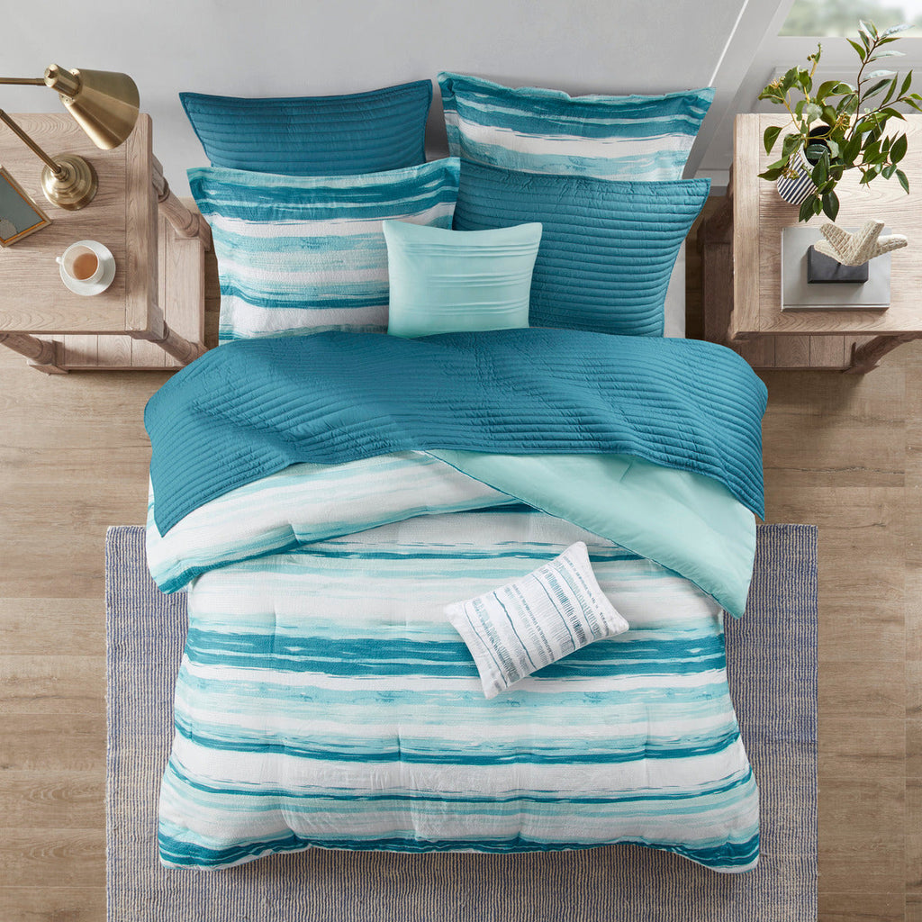 8 Piece Printed Seersucker Comforter and Quilt Set Collection Aqua Full/Queen