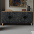 Black Carved Symmetrical Design Door And Wood Coloured Frame TV Stand