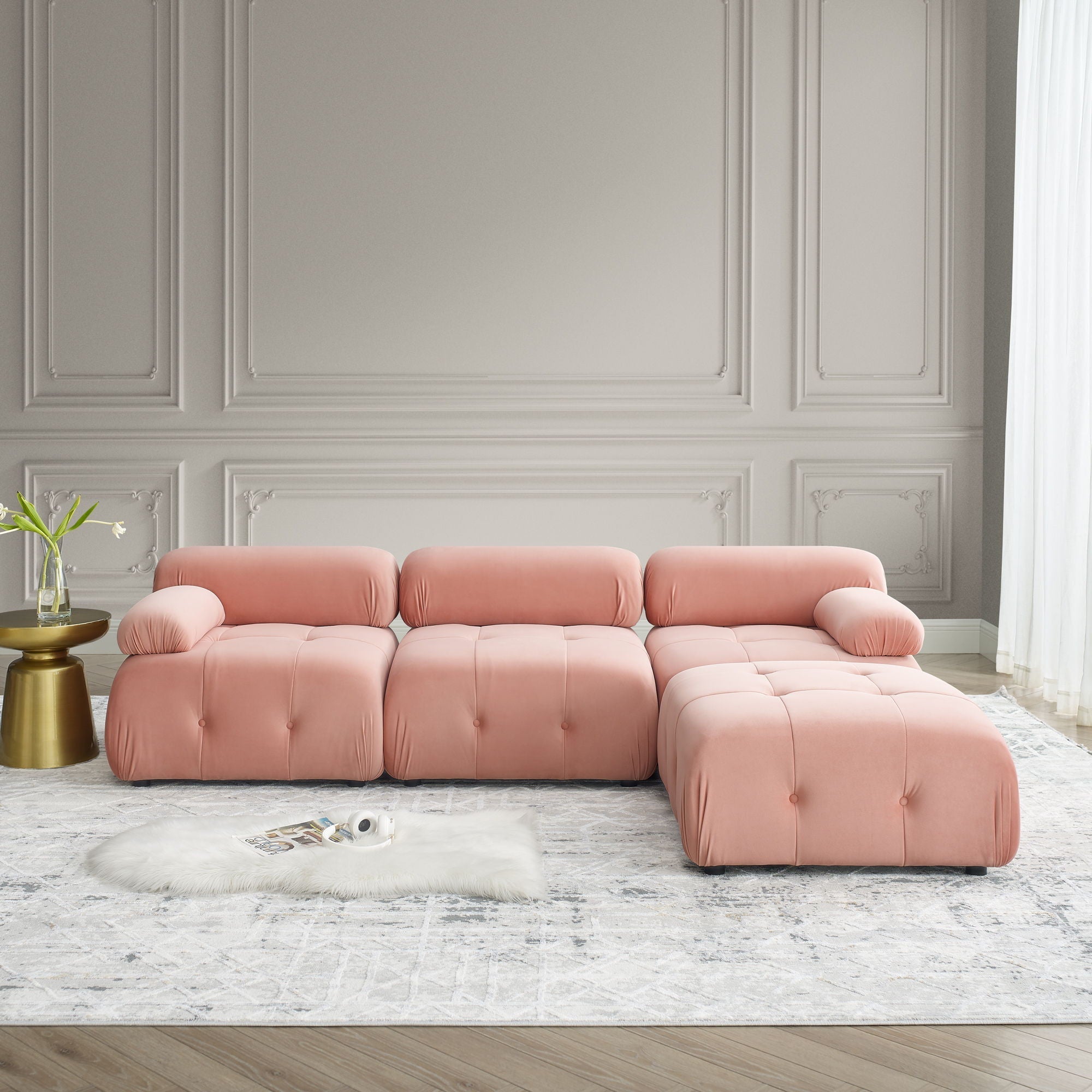 Modular Sectional Sofa, Button Tufted Design With Diy L-Shaped Layout, Reversible Ottoman