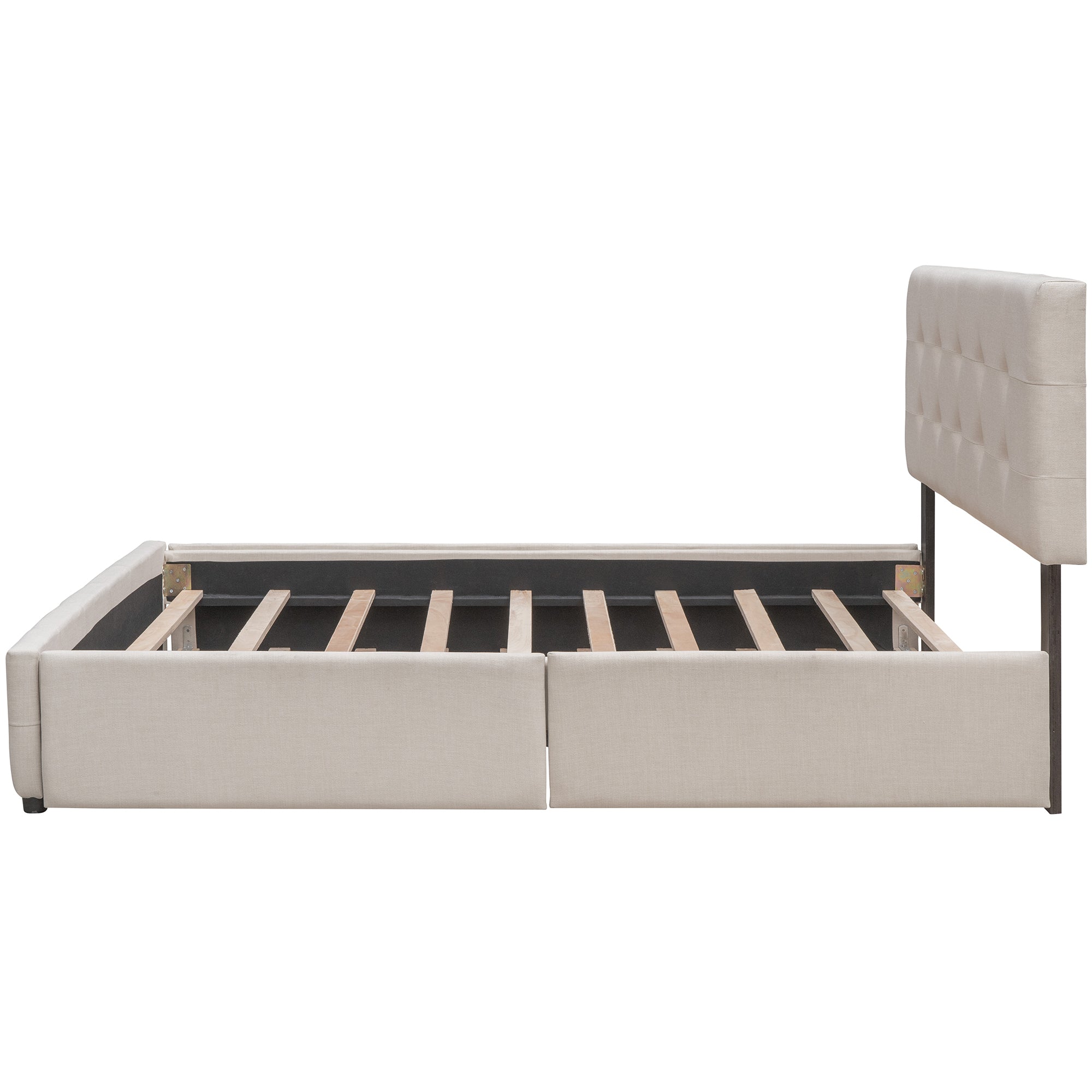 Upholstered Platform Bed with 2 Drawers and 1 Twin XL Trundle,  Linen Fabric, Queen Size - Dark Beige(OLD SKU :LP100314AAA)