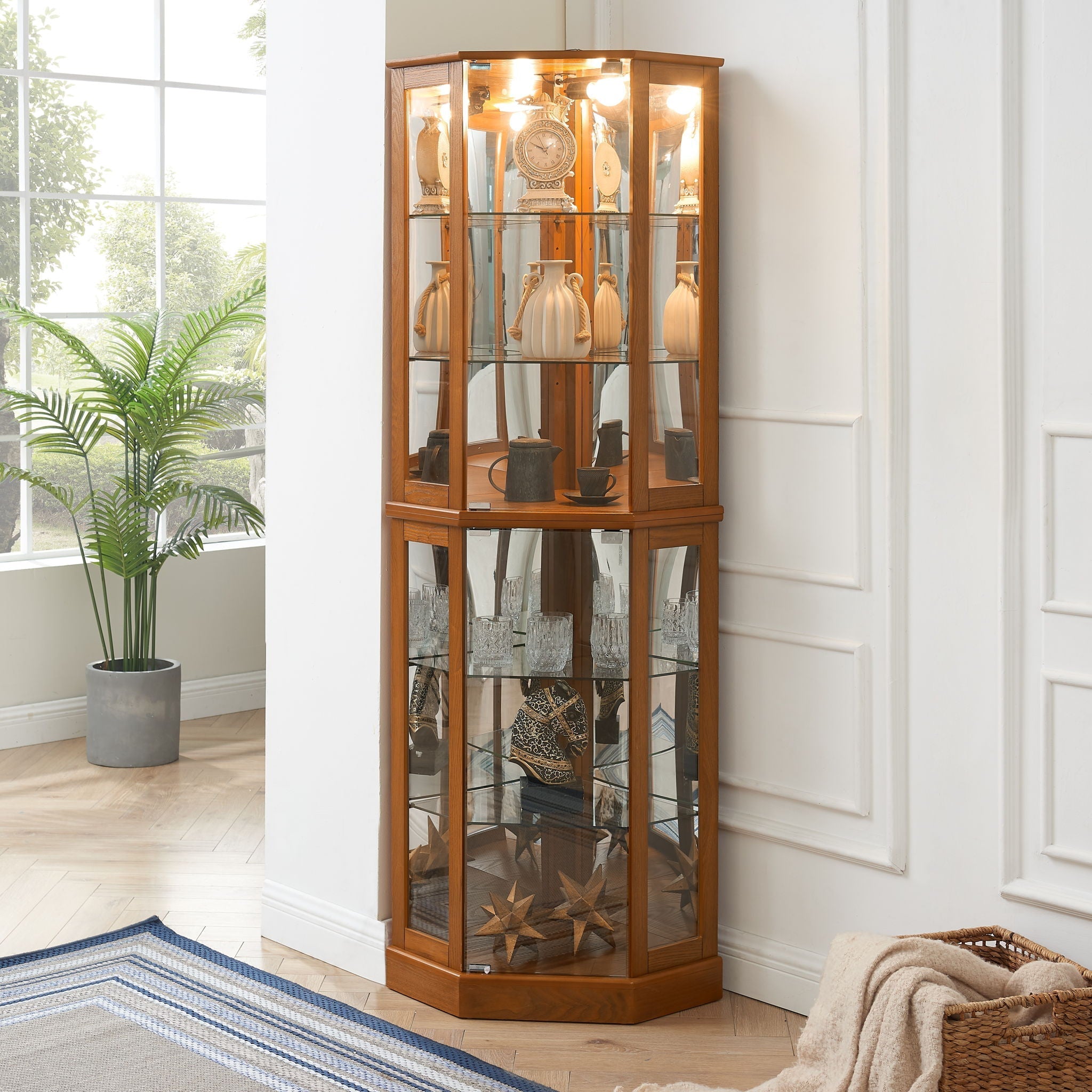 6 Shelf Corner Curio Display Cabinet With Lights, Mirrors And Adjustable Shelves