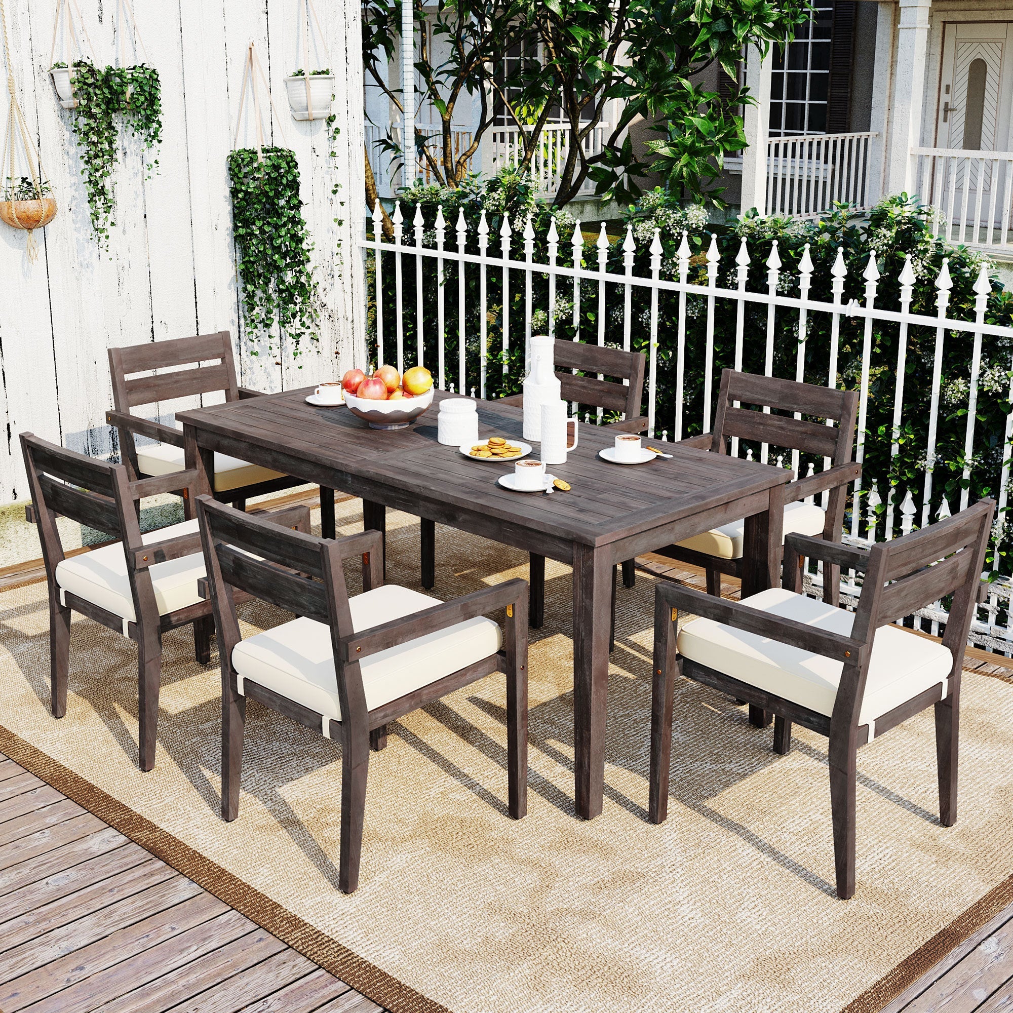 U_Style 7 Pieces Acacia Wood Outdoor Dining Set with Cushions