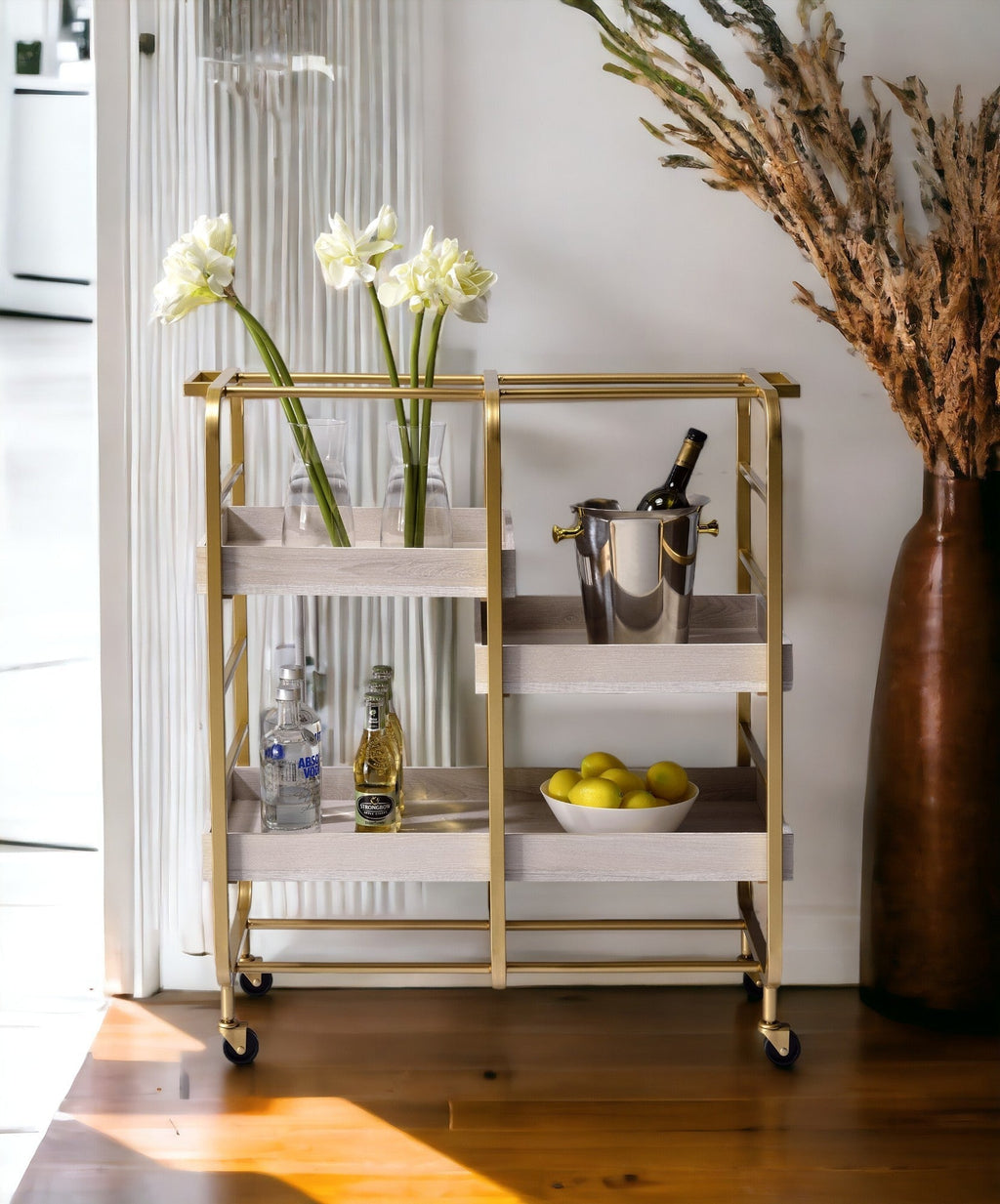 Vorrik Gold & White Washed Finish Serving Cart
