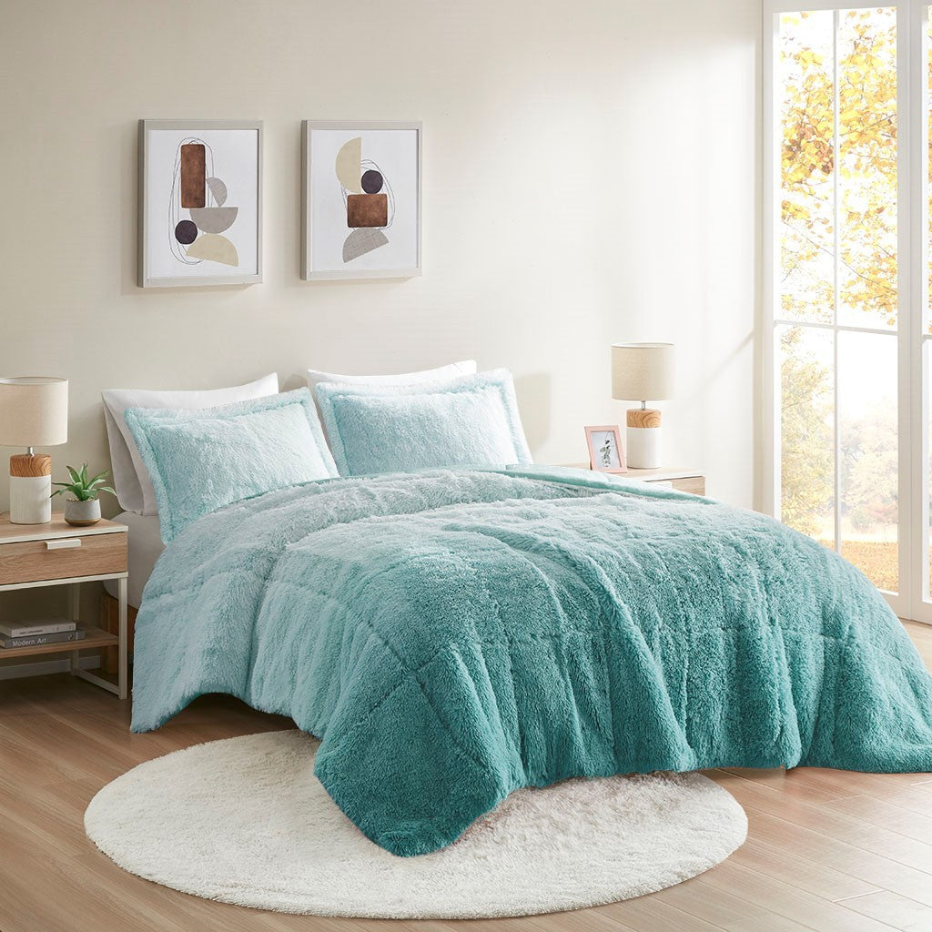 Full/Queen Ombre Shaggy Long Fur Comforter Mini Set