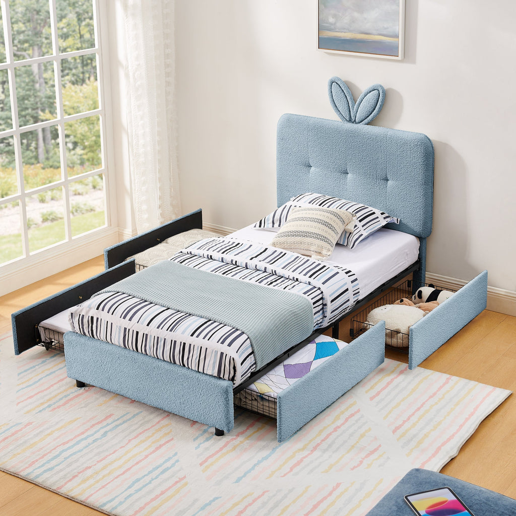 Twin Size Kids Upholstered Bed with Oversized Rabbit Ear Headboard