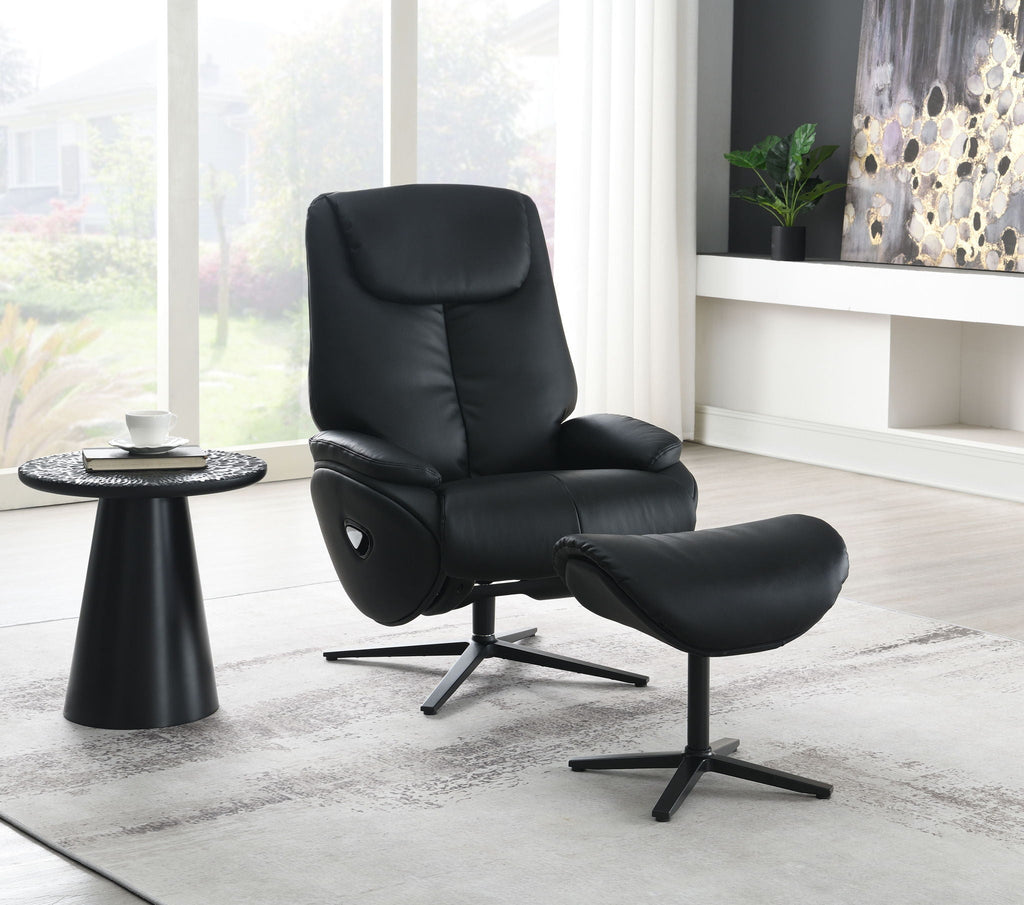 Labotina Top Grain Leather Accent Chair With Swivel & Ottoman - Black