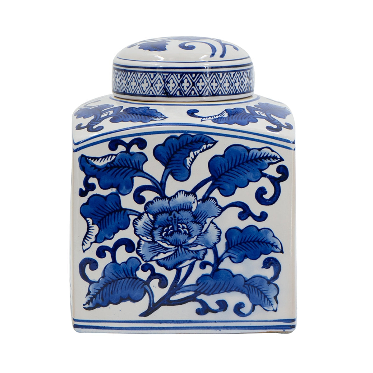 5x5x8' Hand Painted Square Canister with Blue and White Floral Pattern
