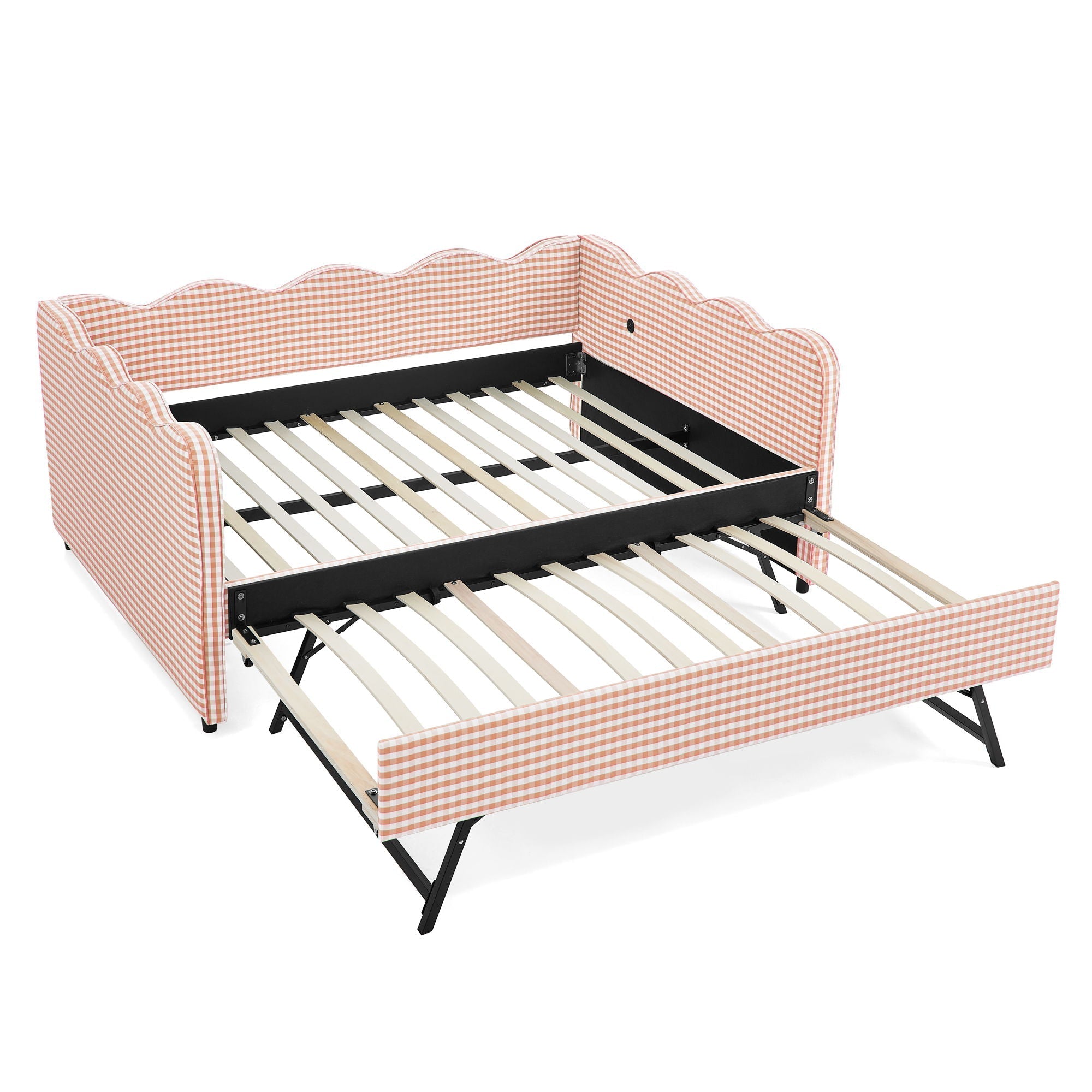 Gingham Daybed With USB Charging Port, Wave-Shaped Design