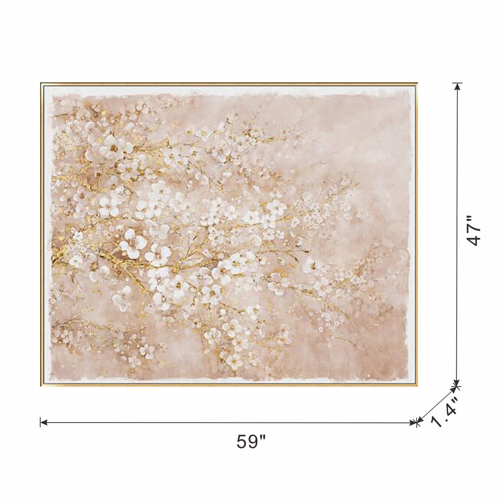 59.1x47.2 Hand-Painted Cherry Blossom Canvas Art with Blush Pink and White Finish