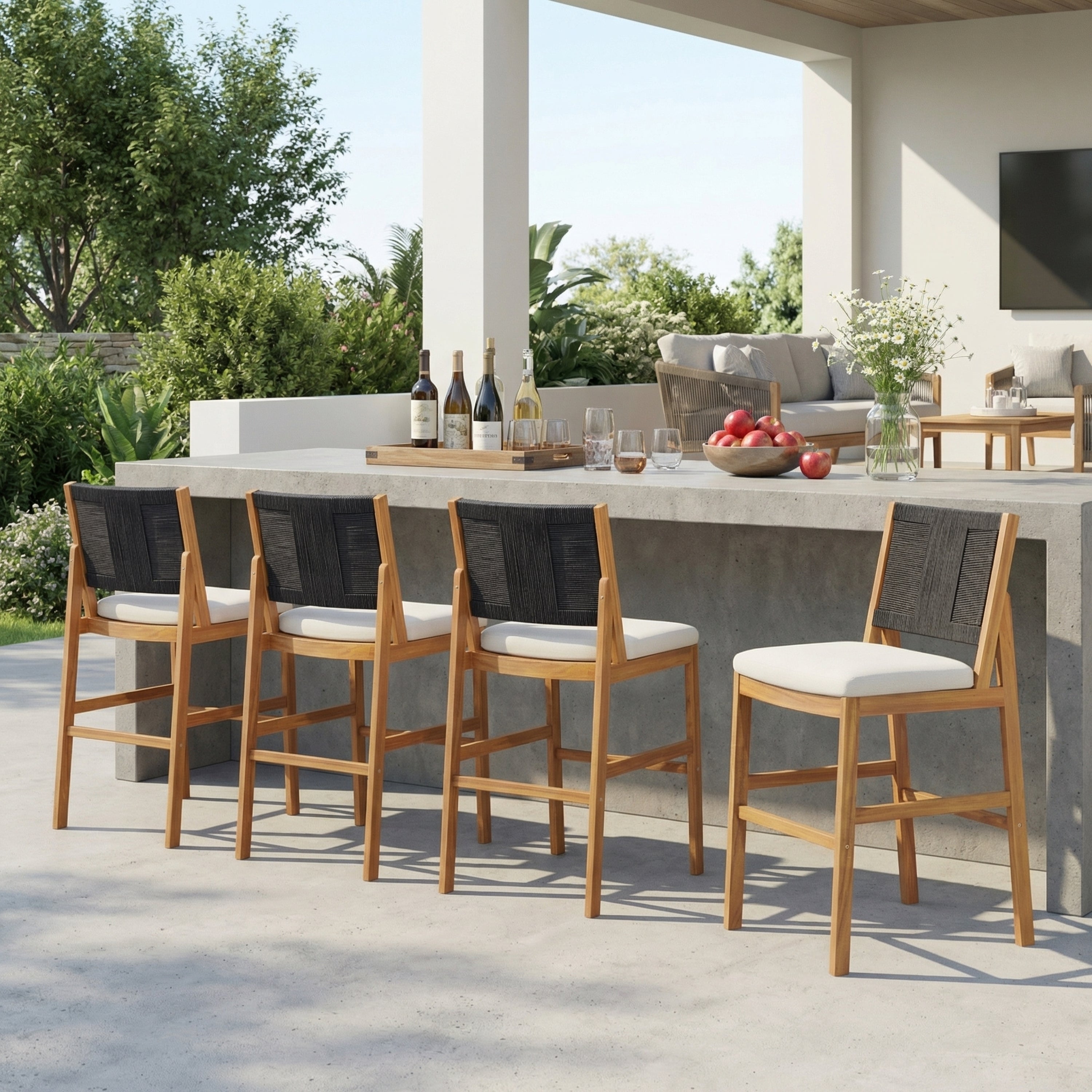 4 Pieces Arly Black Outdoor Bar Stool Solid Acacia Wood and Woven Wicker