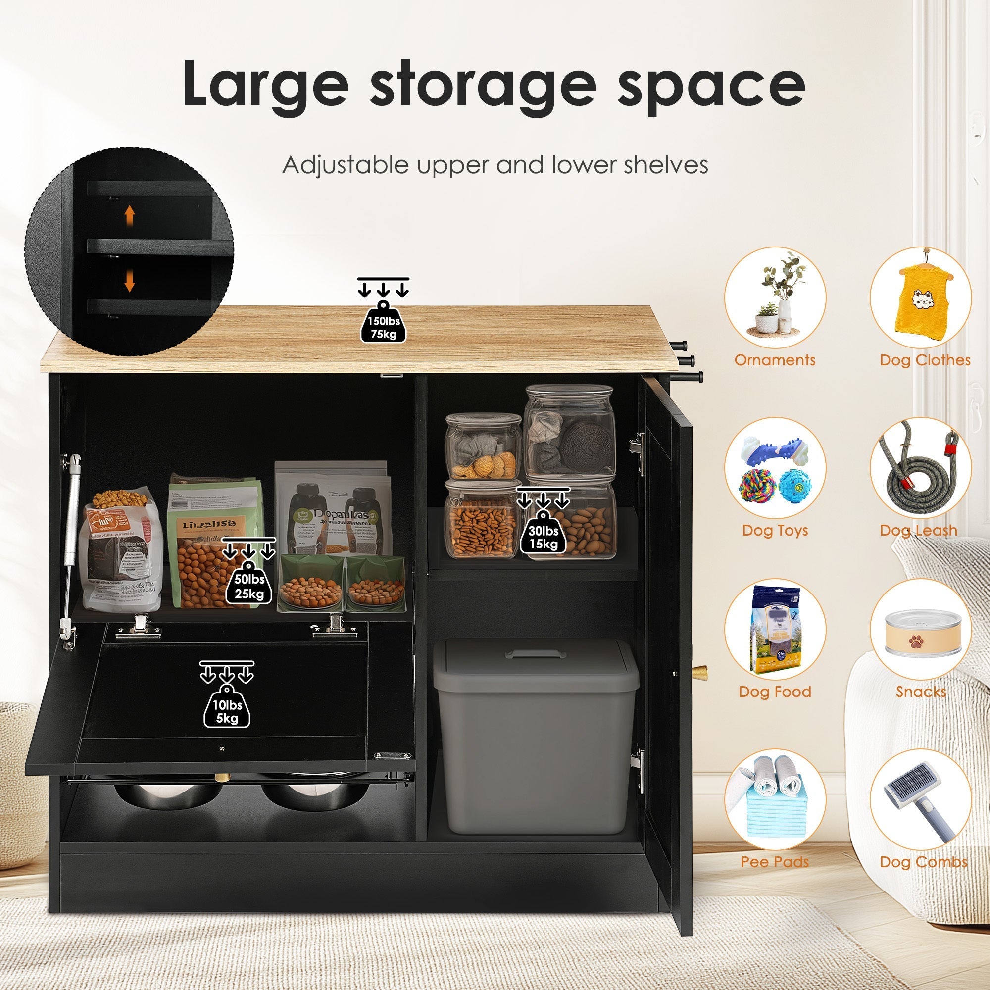 Feeding Station with 2 Lockers and Elevated Bowls Black