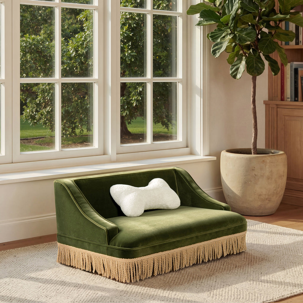 Duchess 33' Medium Princess Pet Bed Sofa with Fringe Skirt, Olive Green Velvet