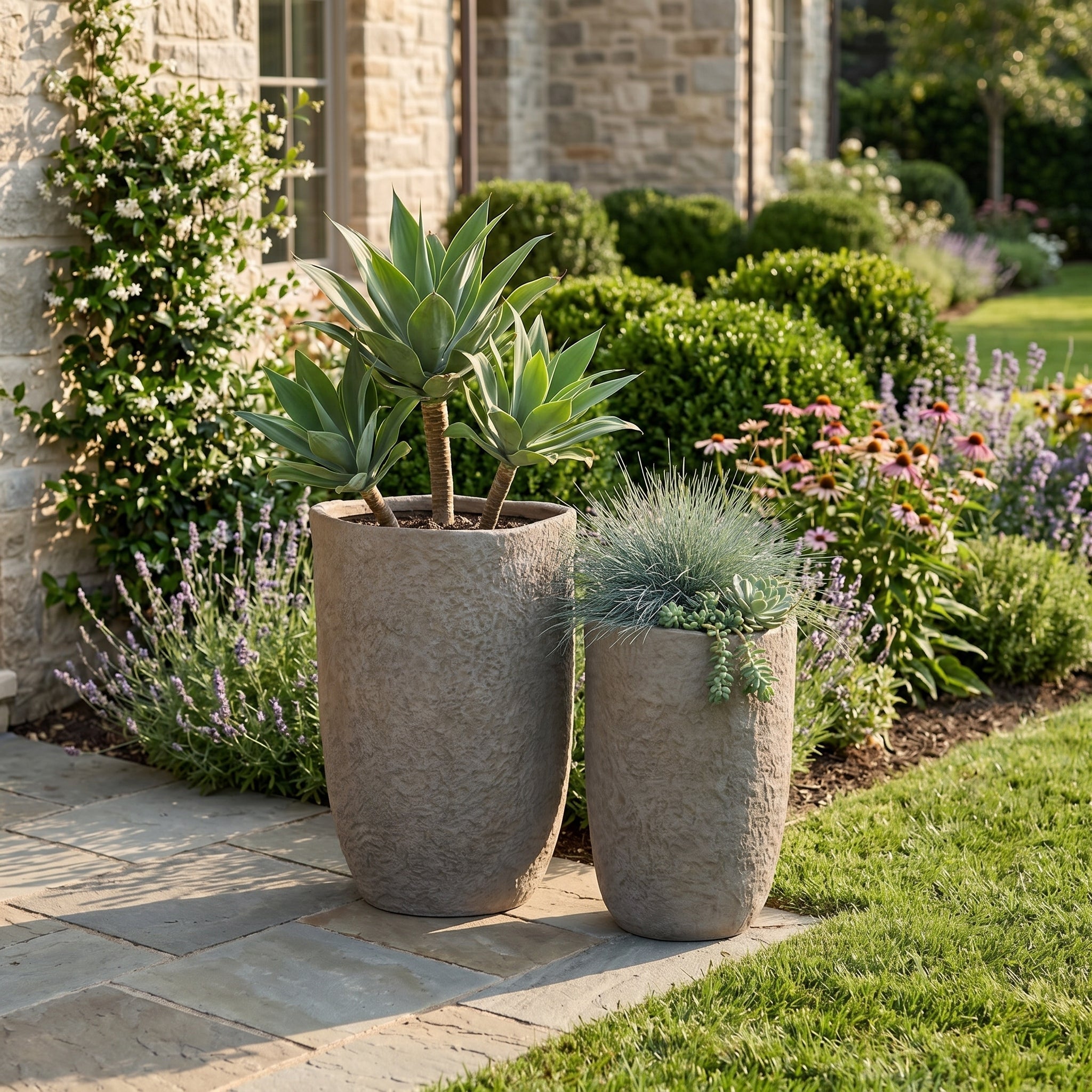 Round Concrete Planter Set of 2, Large Indoor & Outdoor Planter Pots