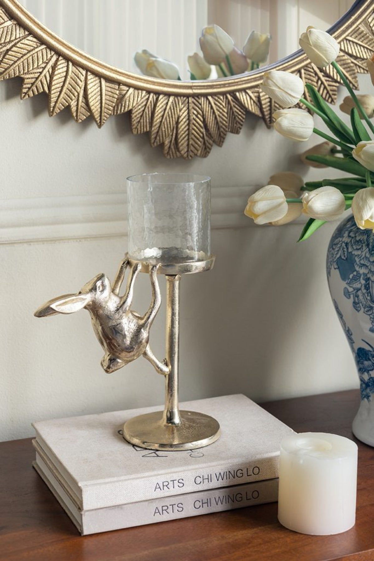 7.9x4x11' Gold Rabbit Pillar Candle Holder with Clear Glass Hurricane Shade