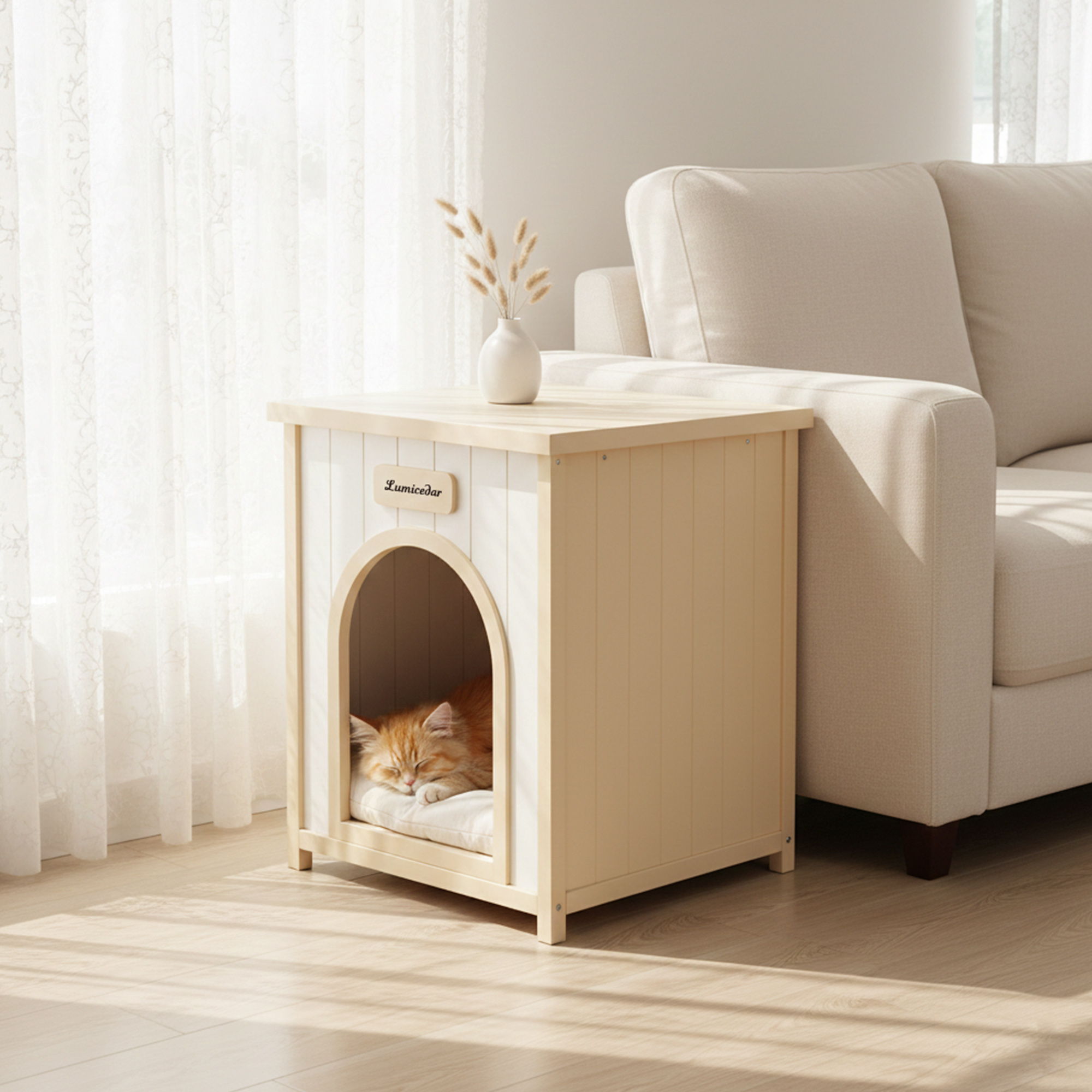 Indoor Dog House With Removable Cushion, Pet House For Cats & Small Dogs - Cream White / Light Yellow